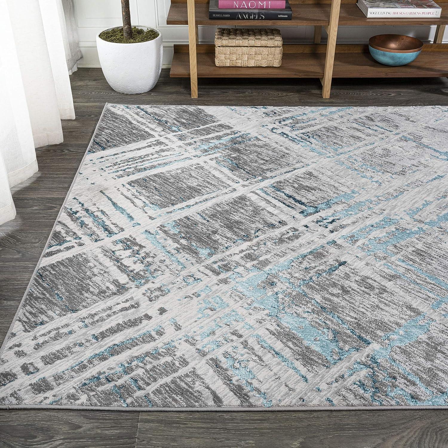 Modern Abstract Gray and Turquoise 8' x 10' Synthetic Area Rug