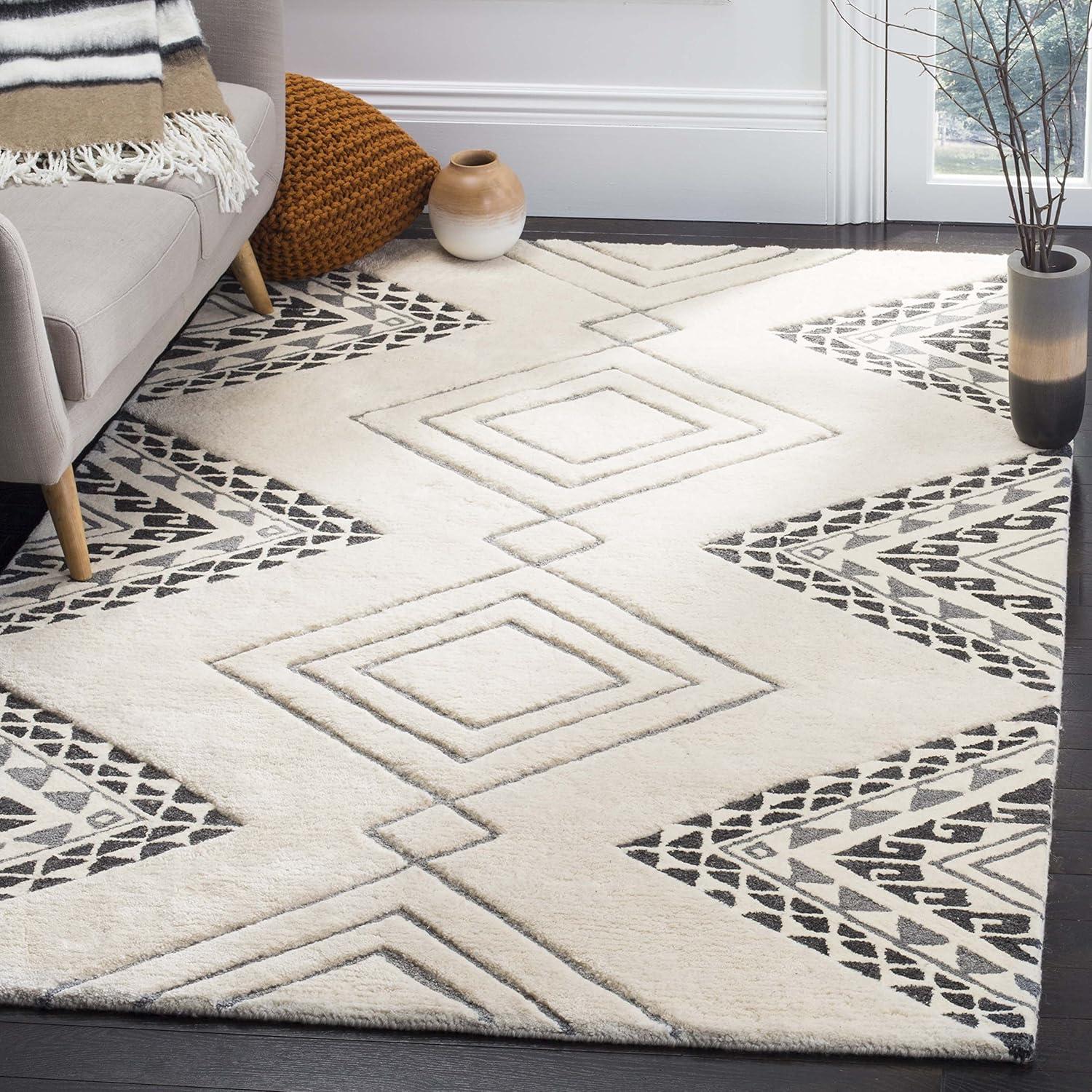 Ivory and Gray Hand-Tufted Wool Shag Area Rug