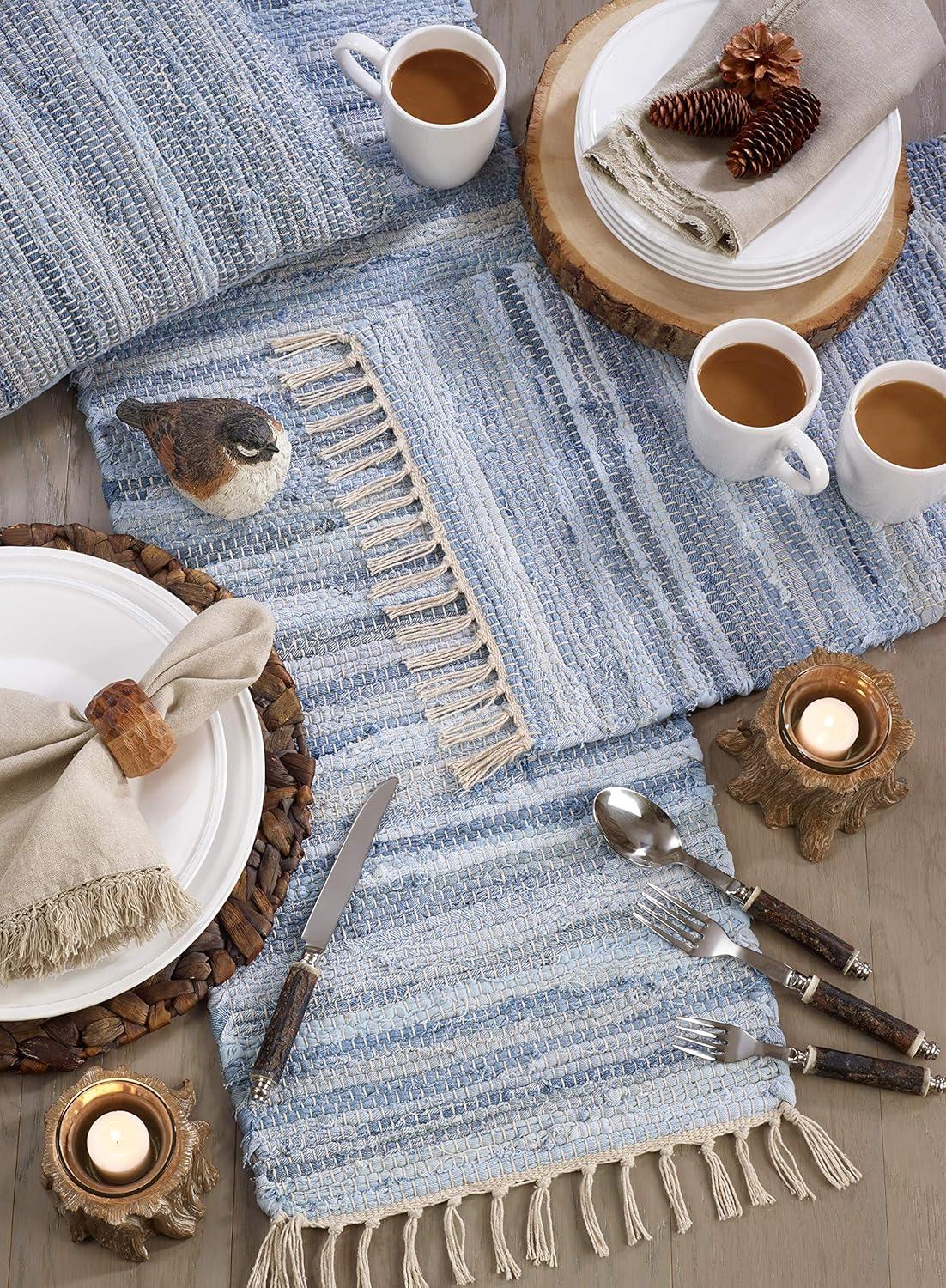 Blue Cotton Chindi Table Runner with Fringe, 16"x72"