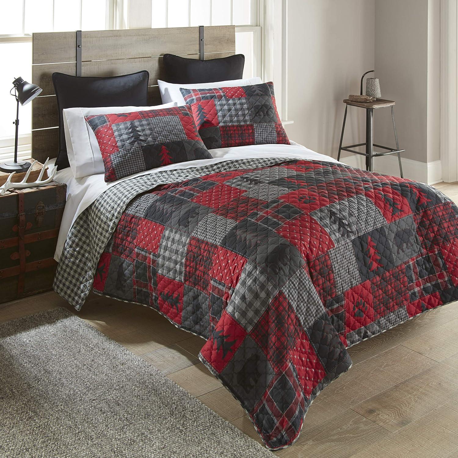 Red and Gray Reversible Twin Microfiber Quilt Set