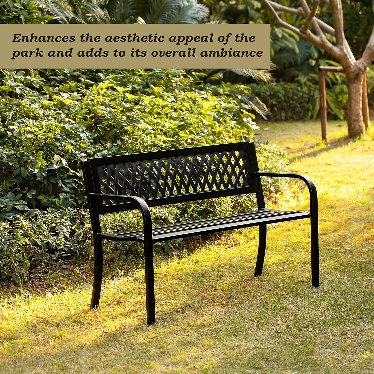 Gardenised Outdoor Steel 47 Park Bench for Yard, Patio, Garden and Deck, Black Weather Resistant Porch Bench, Park Seating