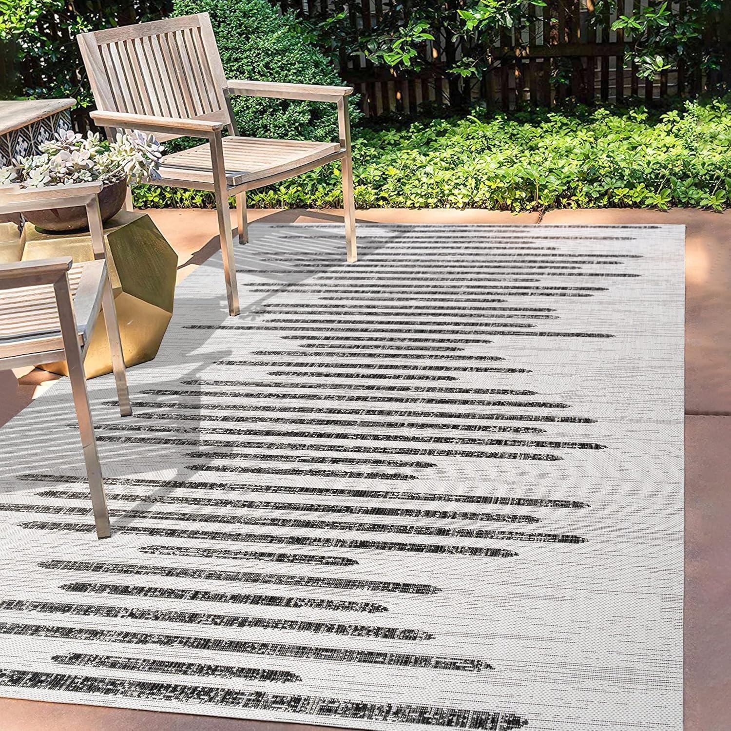 8'x10' Zolak Berber Stripe Geometric Indoor/Outdoor Area Rug, Ivory/Black - JONATHAN Y