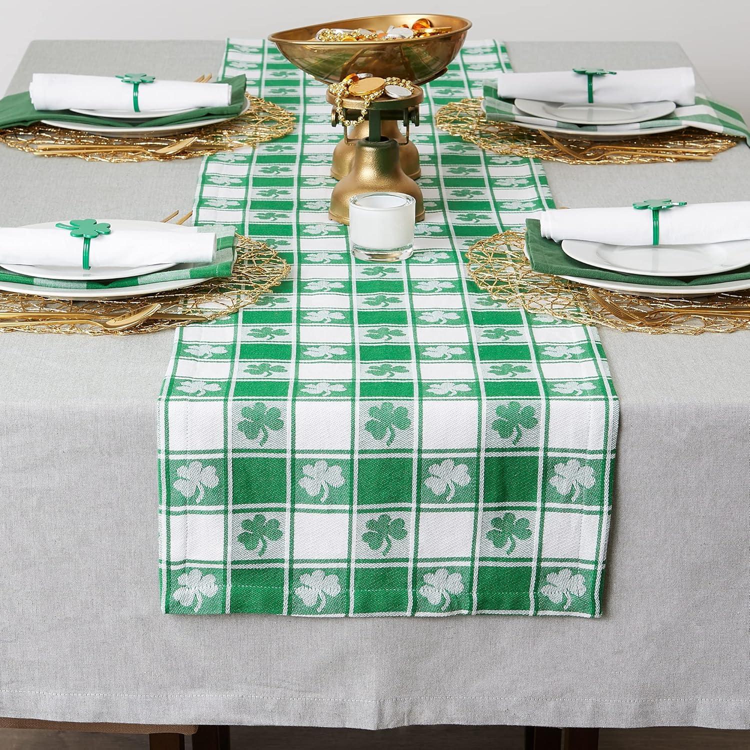 Green and White Cotton Shamrock Check Table Runner 14x72