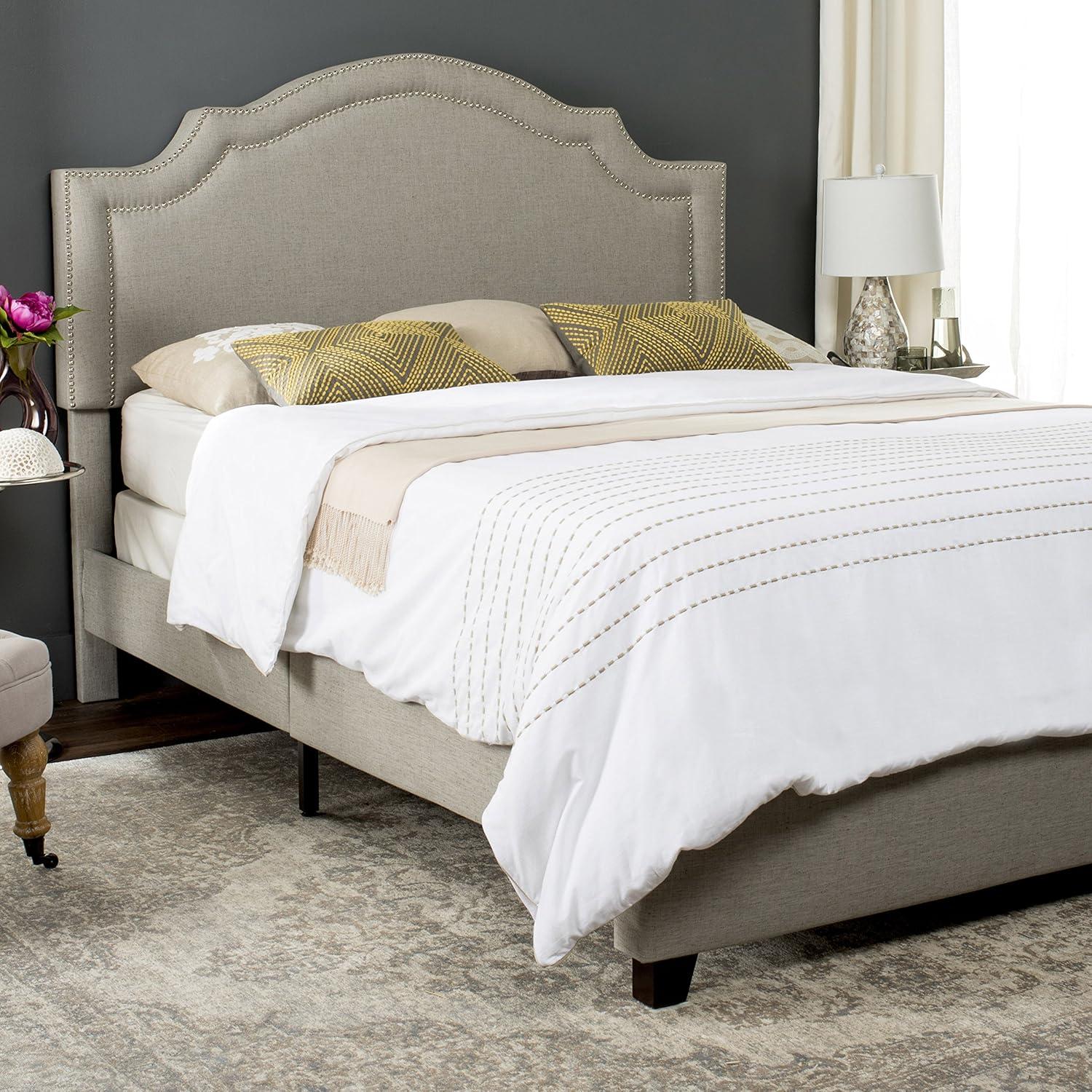 Beige Linen Upholstered Queen Platform Bed with Nailhead Trim