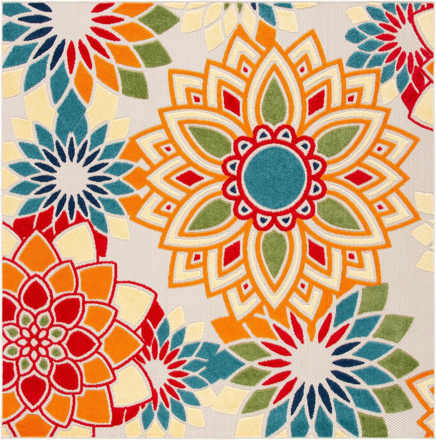 Ivory and Orange Floral Synthetic Square Rug, 7' x 7'