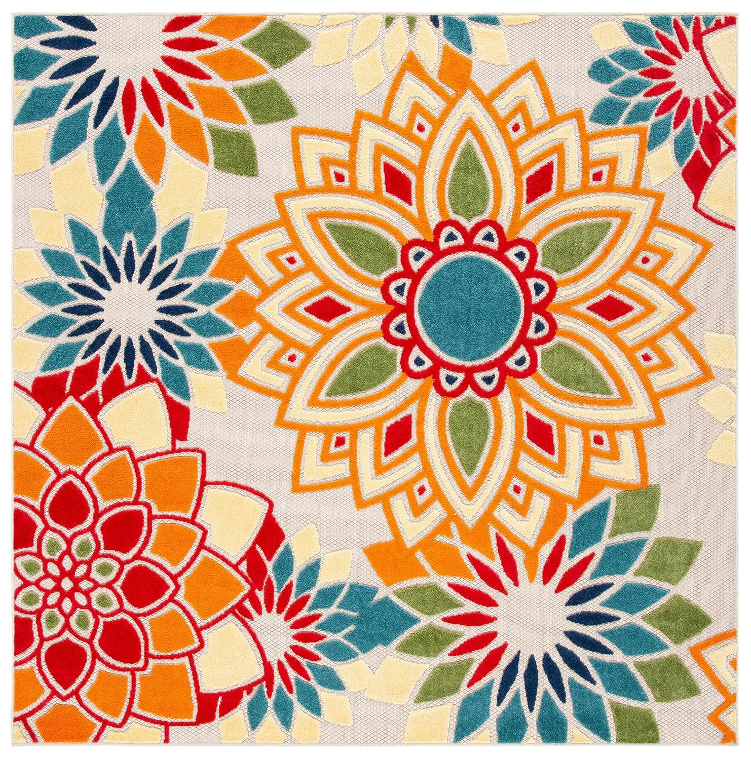 Cabana CBN328 Power Loomed UV Resistant Indoor/Outdoor Accent Rug - Ivory/Orange - 3'x3' - Safavieh