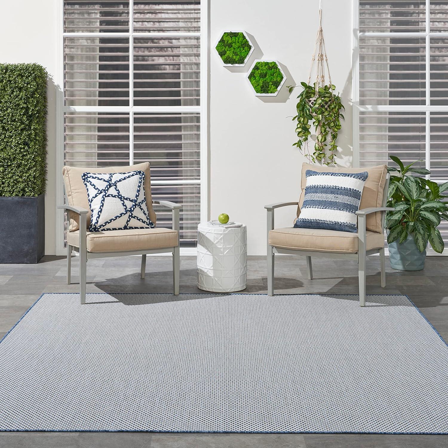 Nourison 6' x 6' Courtyard Modern Easy Care Flatweave Indoor Outdoor Square Rug Ivory Blue