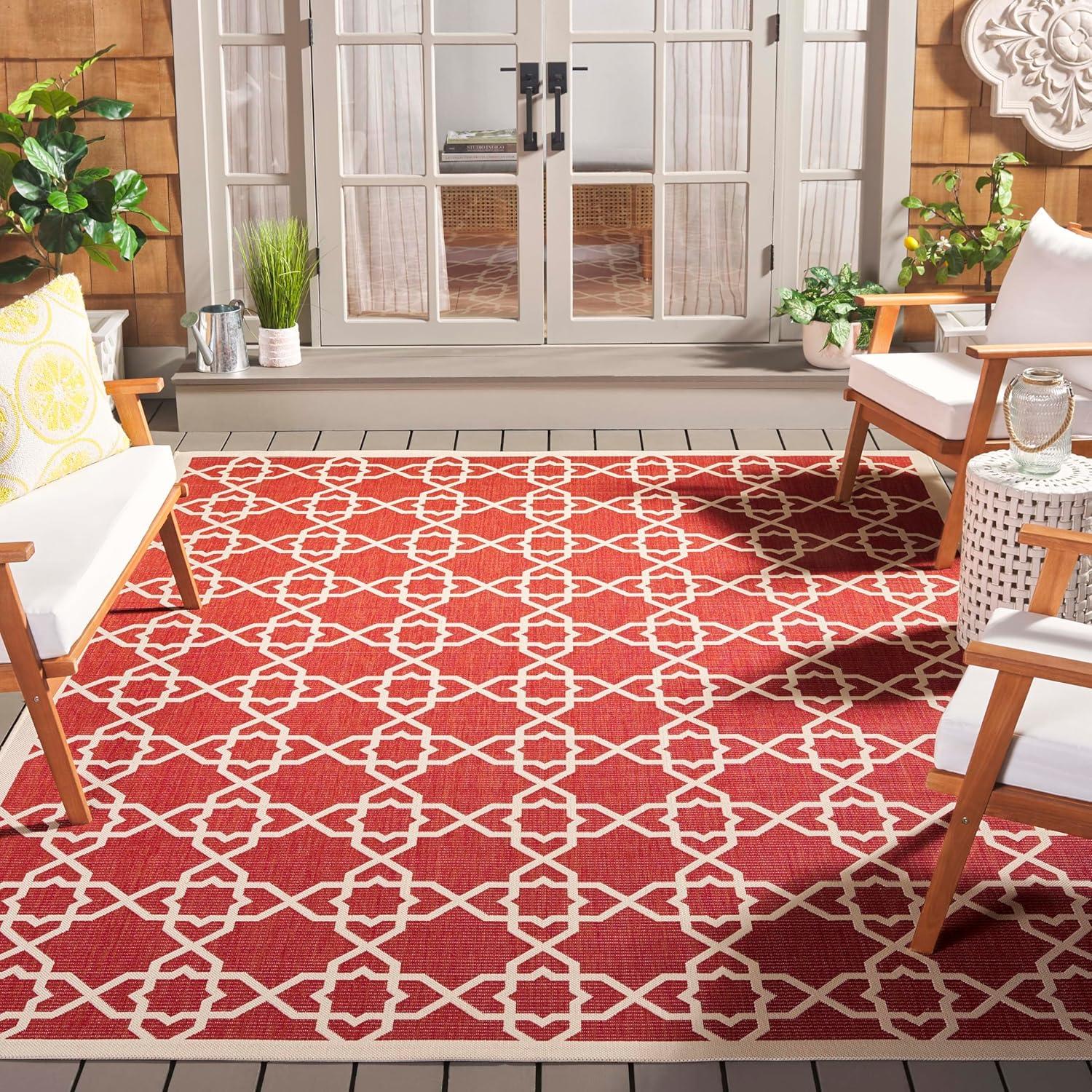 SAFAVIEH Courtyard Carol Geometric Indoor/Outdoor Area Rug, 8' x 11', Red/Beige