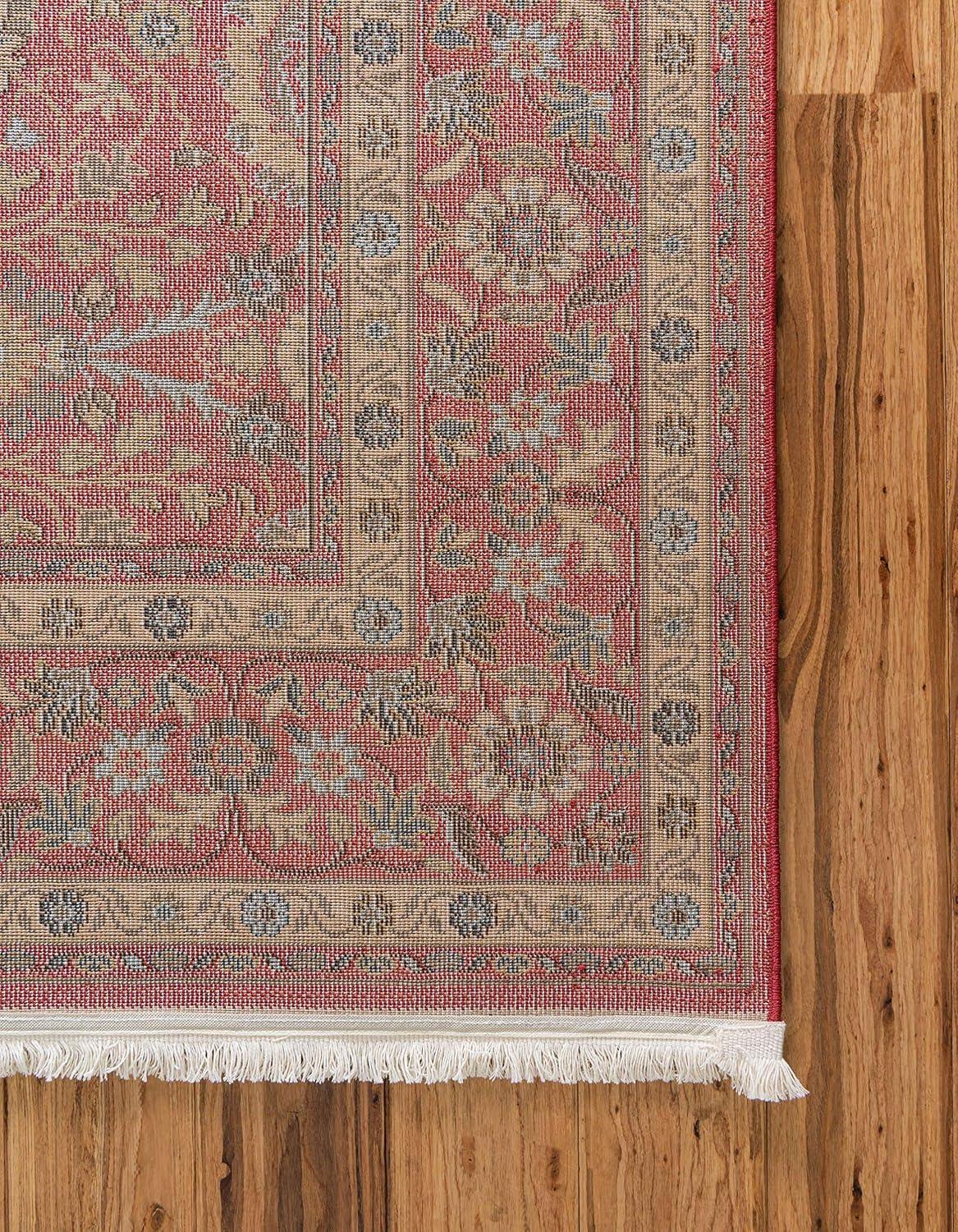 Red Floral Synthetic Rectangular Area Rug with Fringe