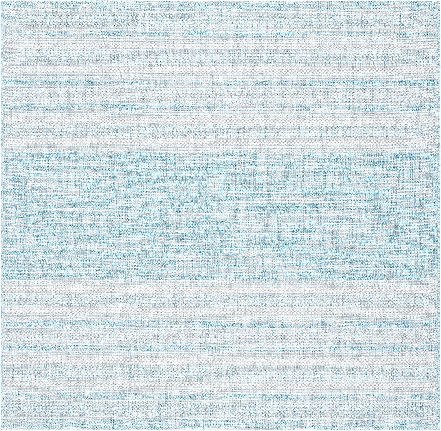 Aqua and Grey Synthetic 6'7" Square Non-Slip Outdoor Rug