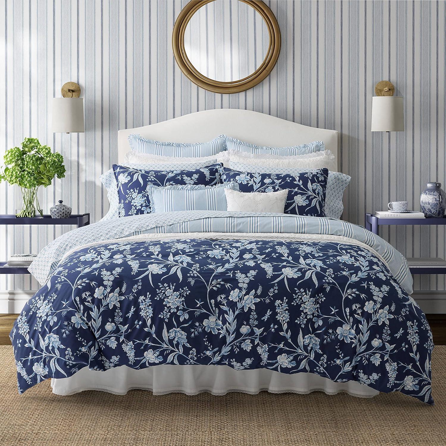 Indigo Blue Floral Cotton Full/Queen Bedspread Cover Set