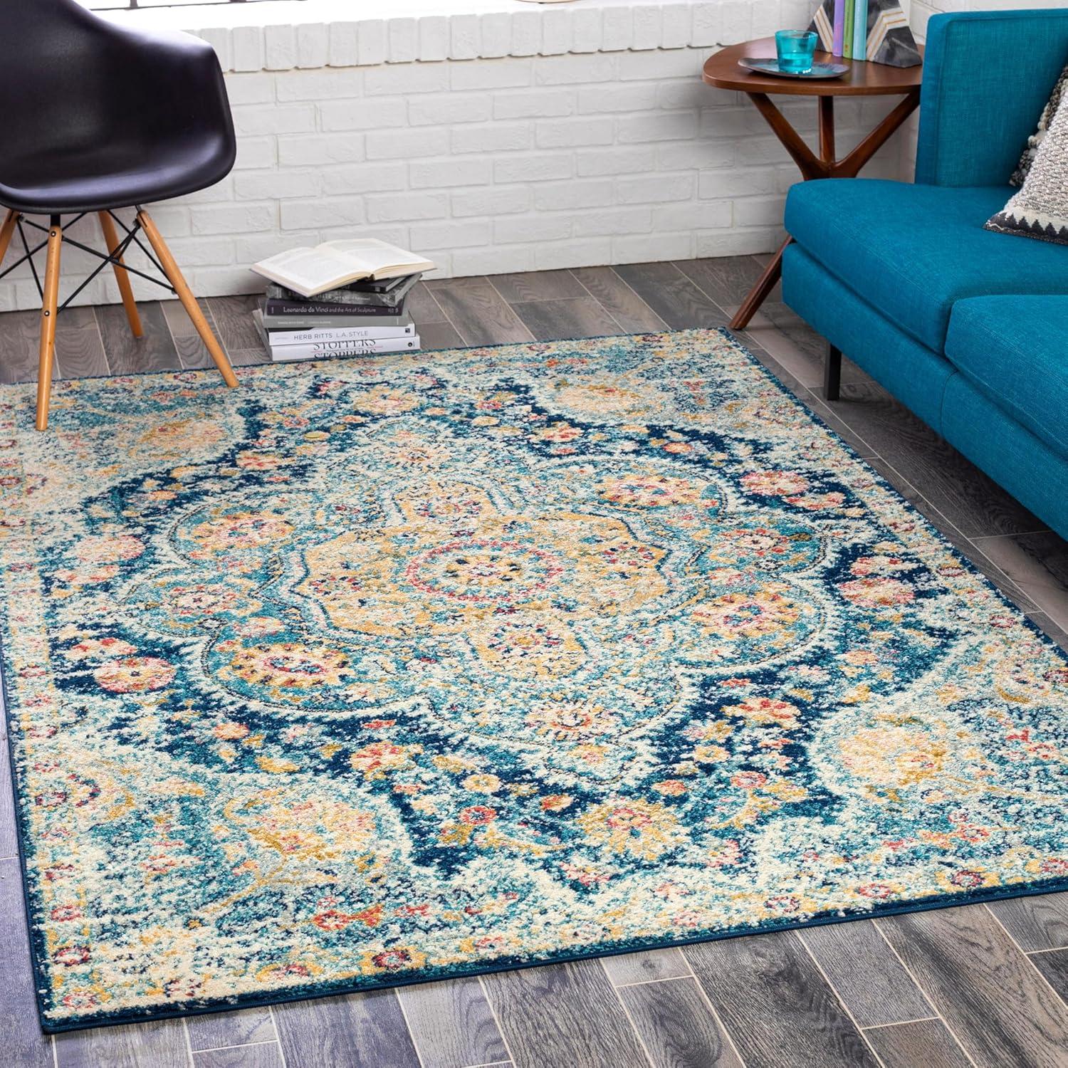 Navy Rectangular Vintage Medallion Area Rug, 5'3" x 7'6"