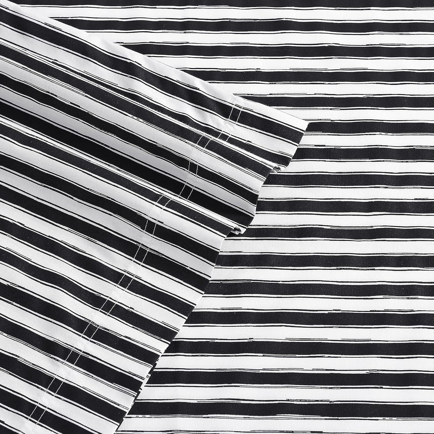 Twin White and Black Striped Cotton Percale Sheet Set