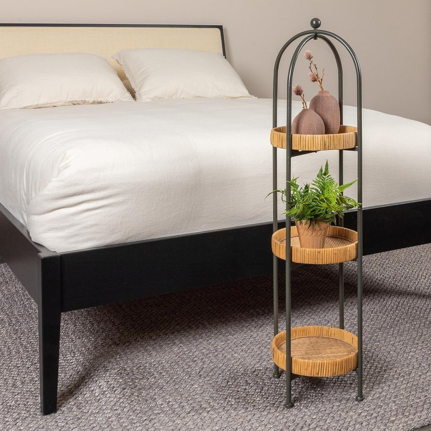 Storied Home Boho Bamboo-Style Metal Plant Stand or Shelf with Removable Rattan Trays, Natural