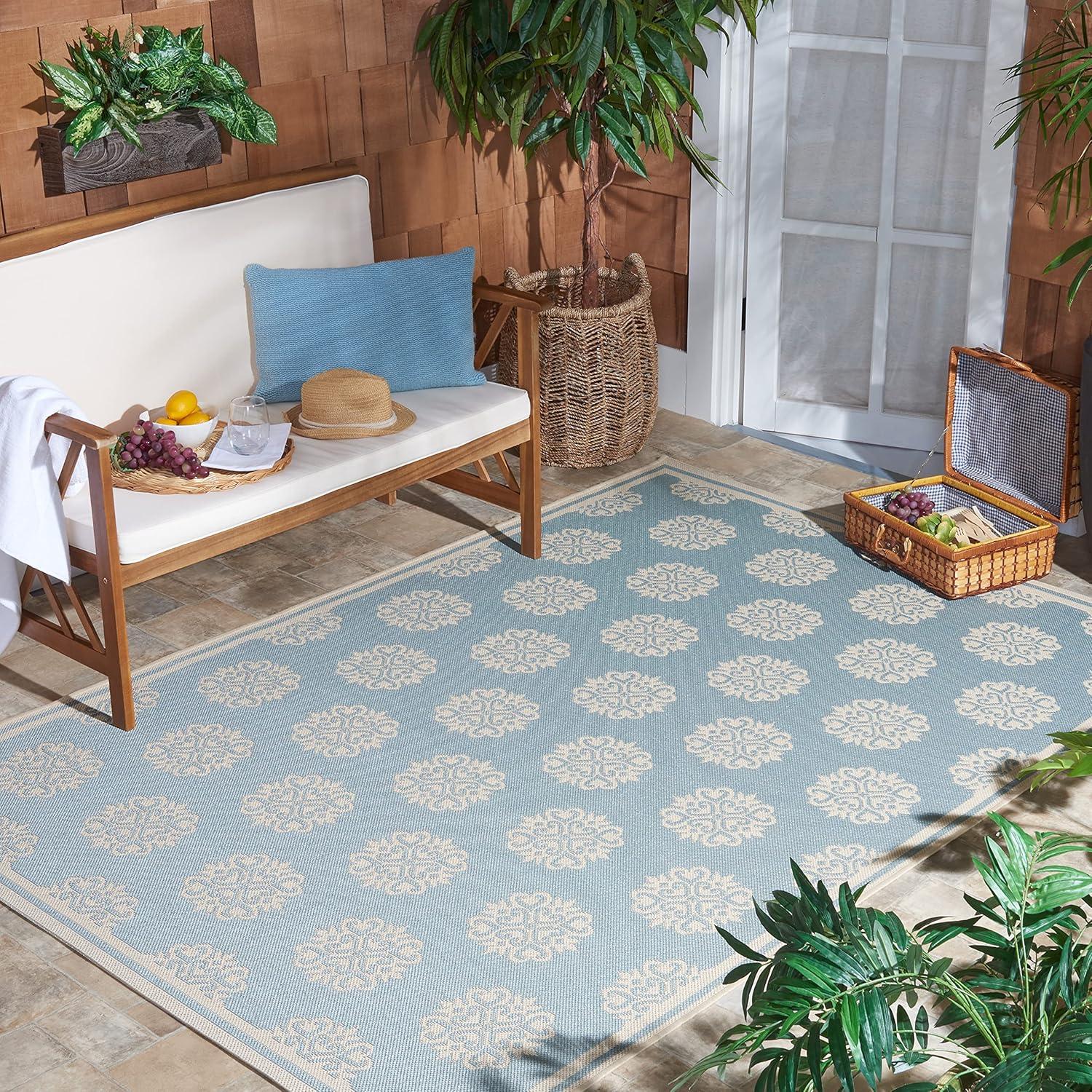 Aqua and Cream Geometric Indoor/Outdoor Reversible Rug, 4' x 6'