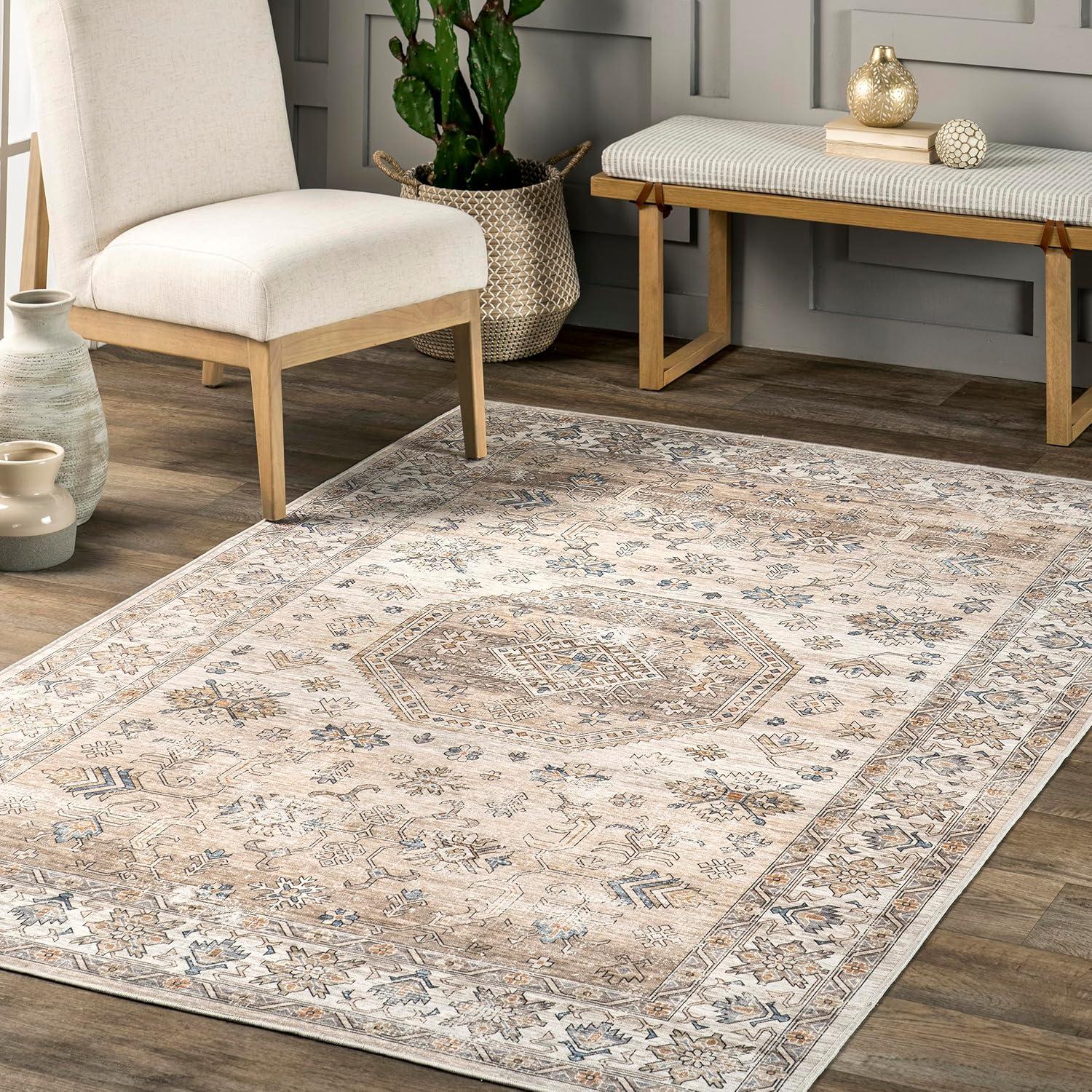 Nuloom Darby Persian Spill Proof Treated Pet Friendly Premium Machine Washable Area Rug, Square 6' x 6', Beige