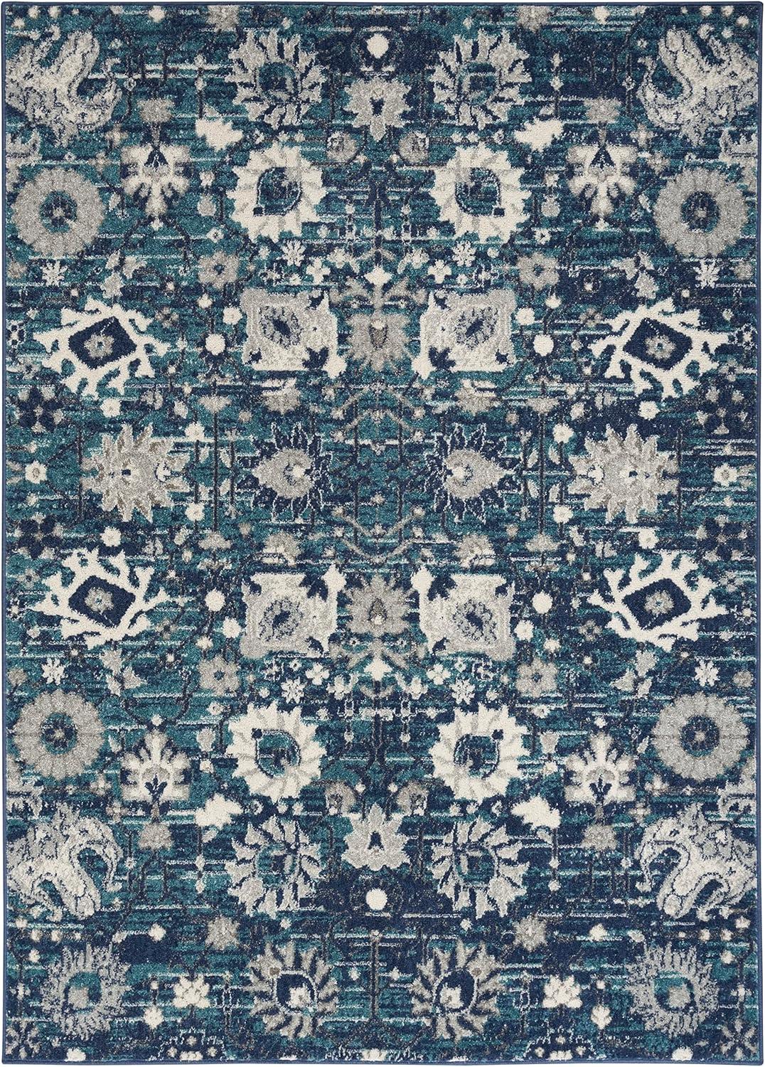 Boho Chic Denim Blue Floral 8' x 10' Easy-Care Area Rug