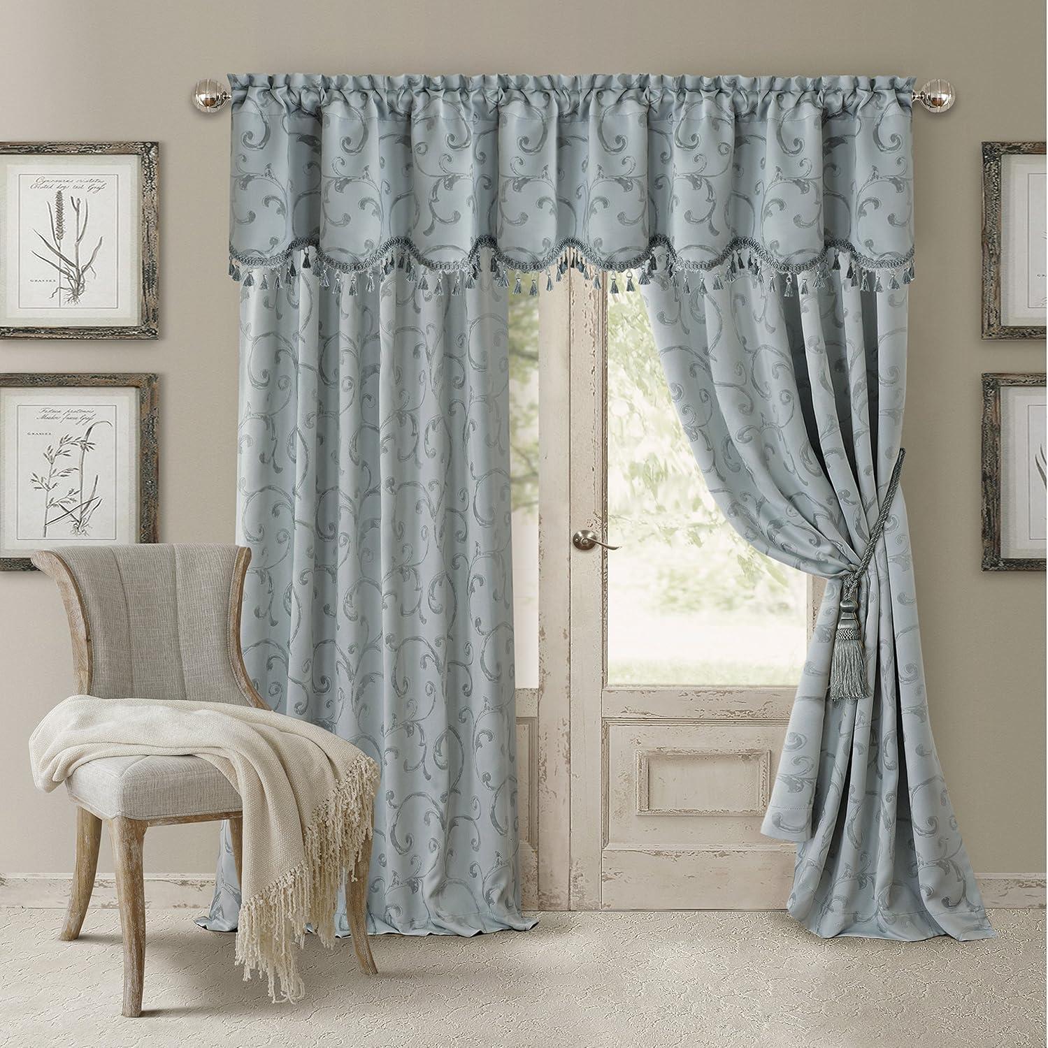 Mia Jacquard Scroll Blackout Window Curtain Panel - 52" x 95" - Blue - Elrene Home Fashions