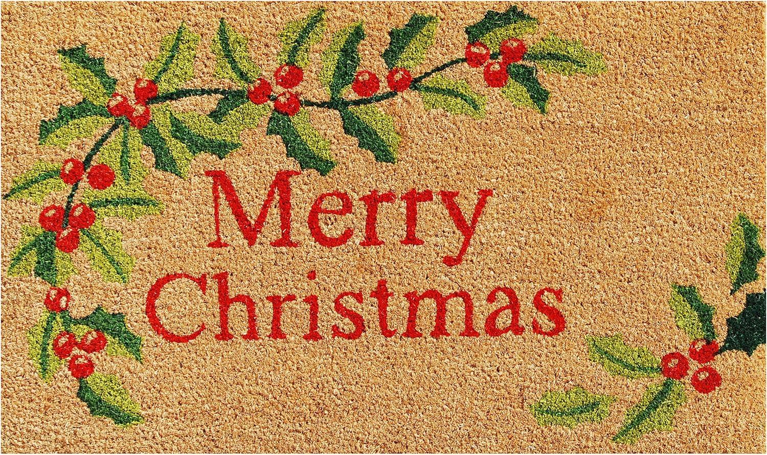 Merry Christmas Coir Doormat with Holly Design