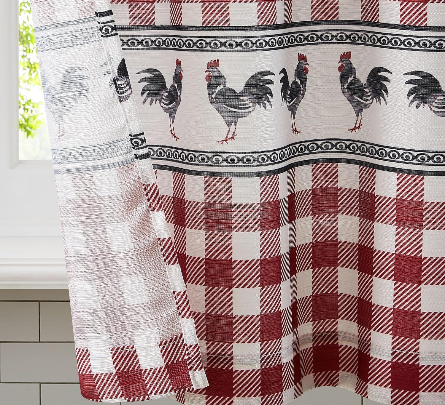 Red Gingham Rooster Print Polyester Kitchen Curtain Set