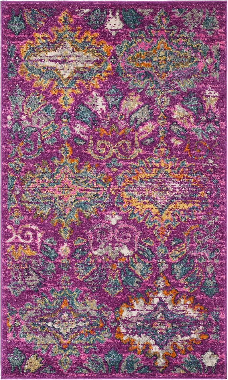 Fuchsia and Blue Synthetic Geometric Floral Area Rug 3' x 5'