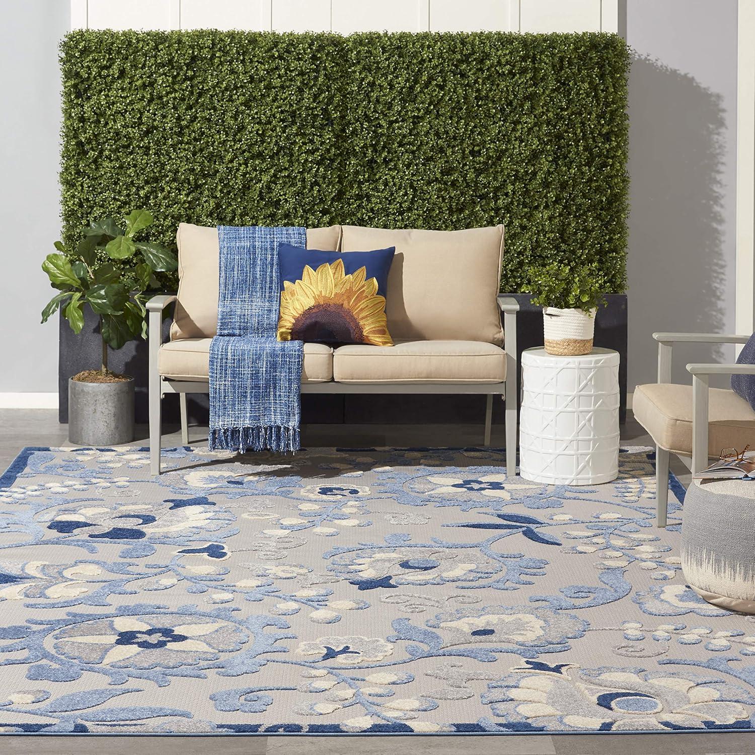 Blue and Grey Floral Flat Woven 9' x 12' Synthetic Area Rug