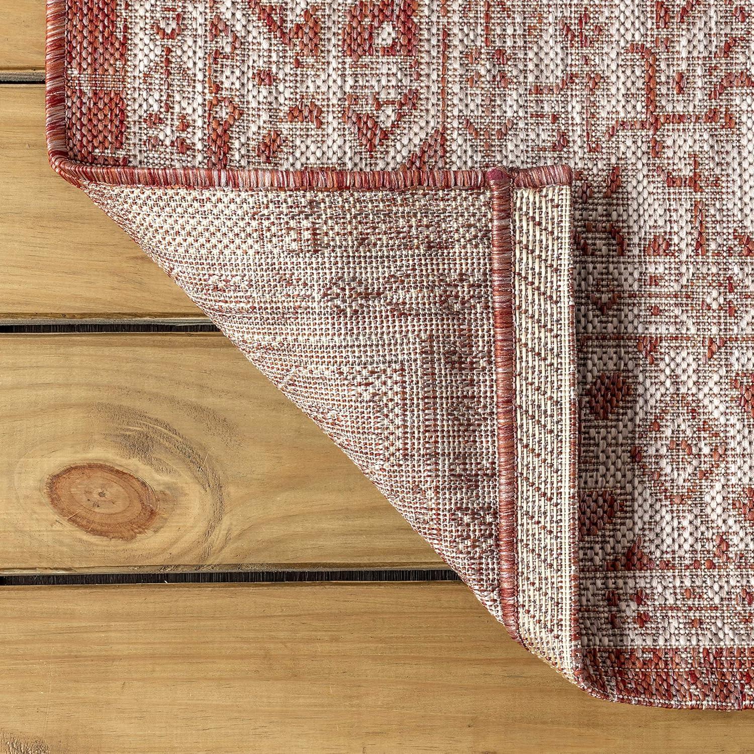 5' Square Sinjuri Medallion Textured Weave Indoor/Outdoor Area Rug, Red/Taupe - JONATHAN Y