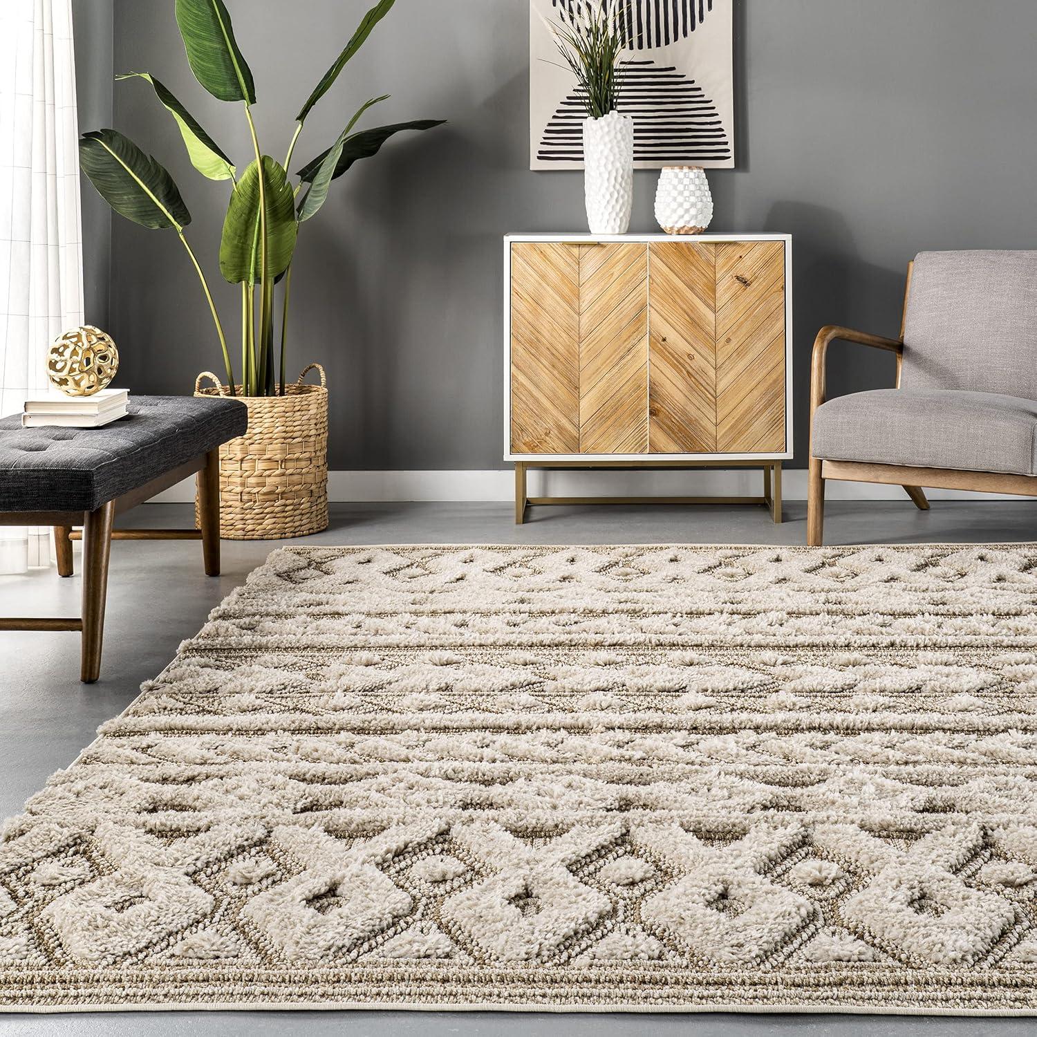 Beige 4' x 6' Rectangular Shag Synthetic Area Rug