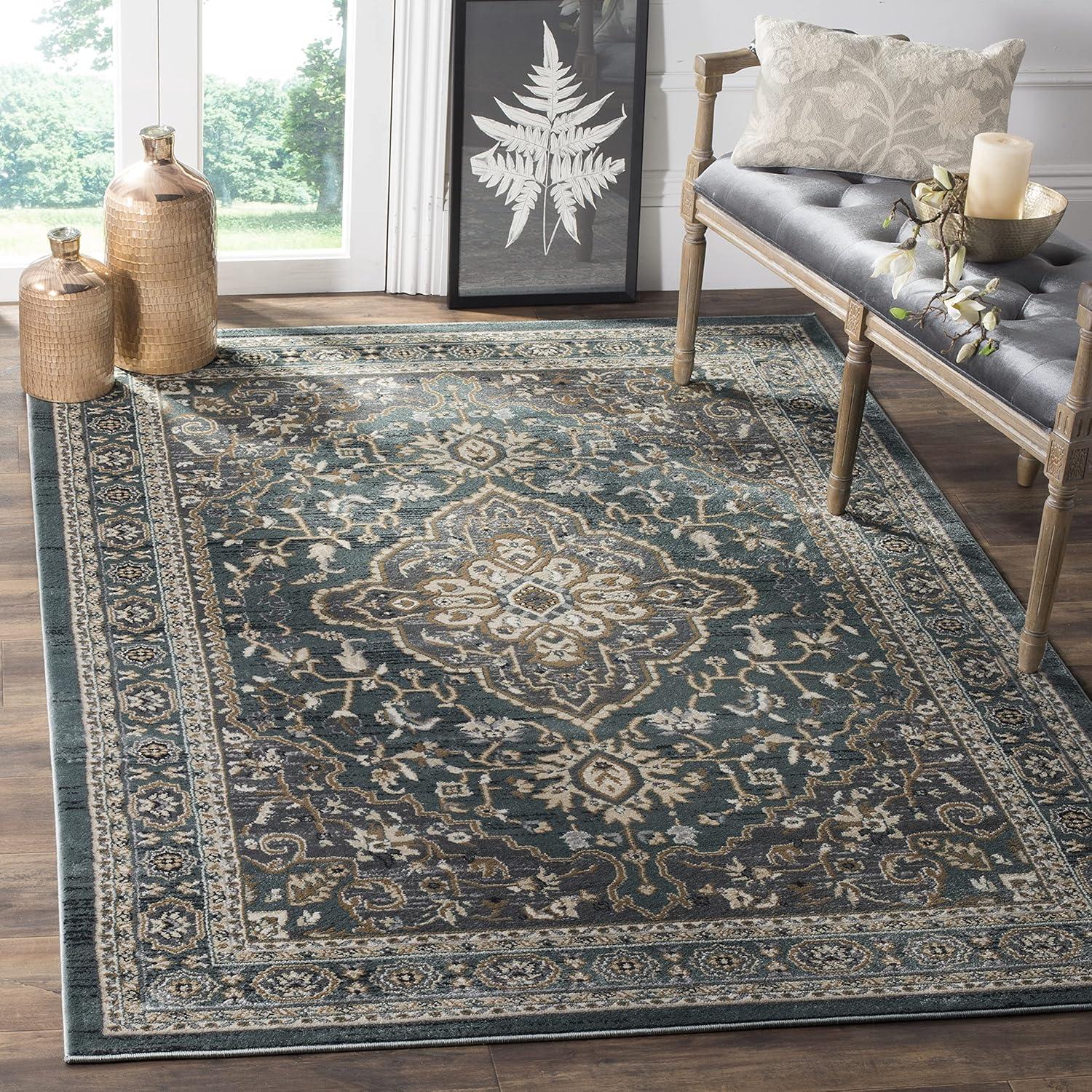 Teal and Grey Floral Synthetic 9' x 12' Area Rug