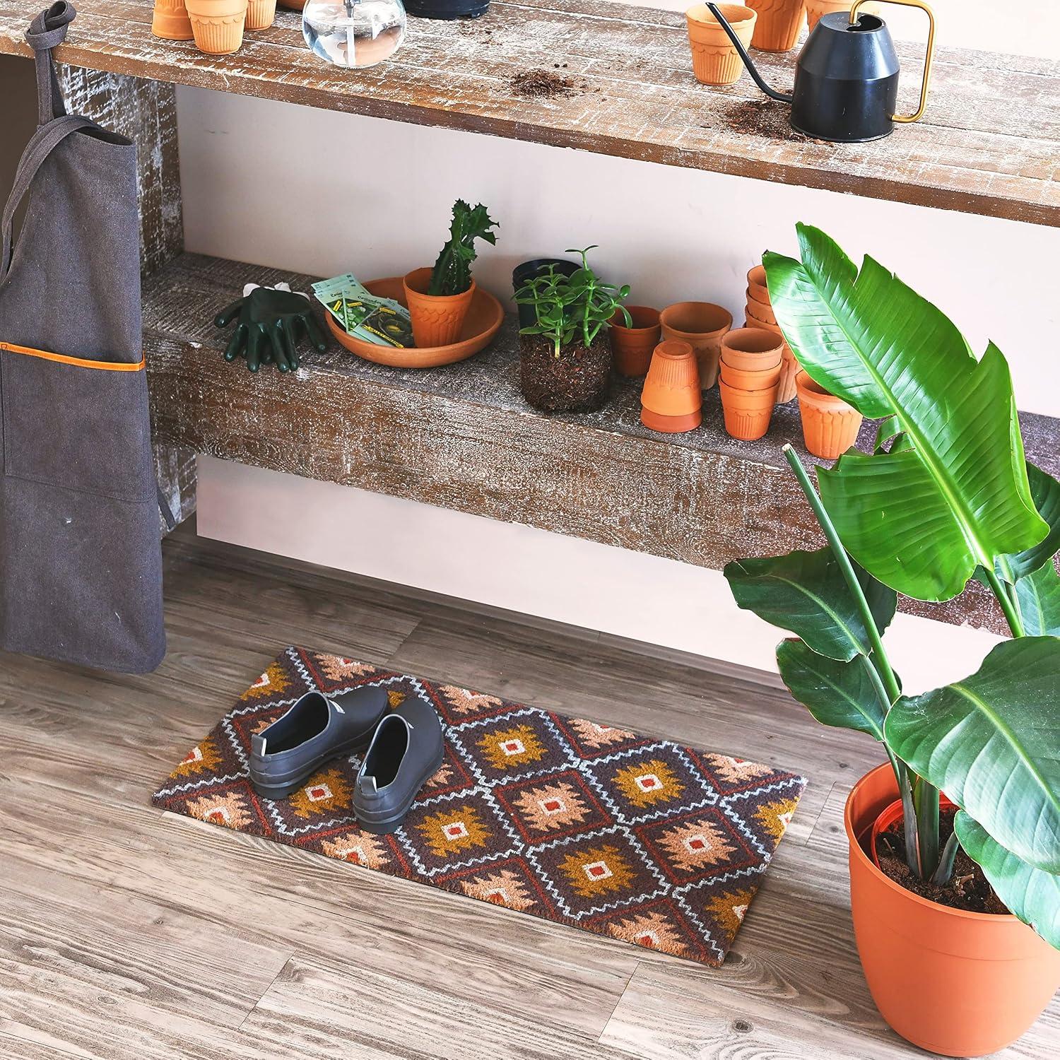 Main + Mesa Natural Coir Doormat with Geometric Print, Multi-color