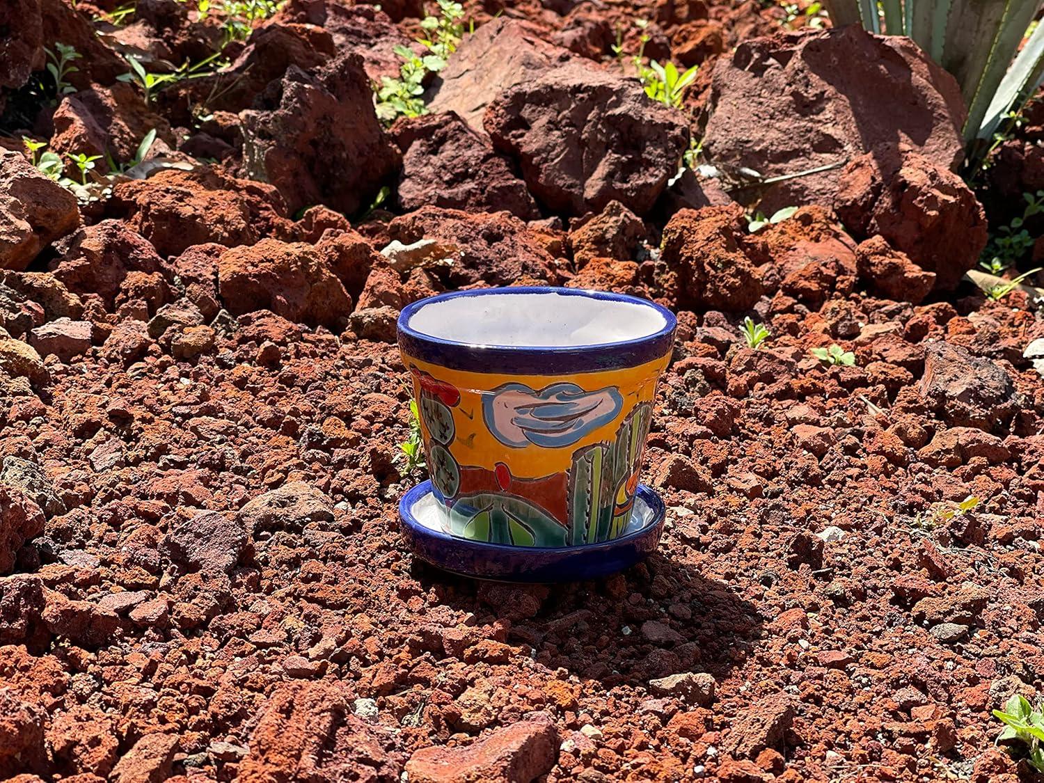 MEXTEQUIL 4" x 4" x 4" Round Yellow Ceramic Talavera Design Plant Pot with Drainage Holes