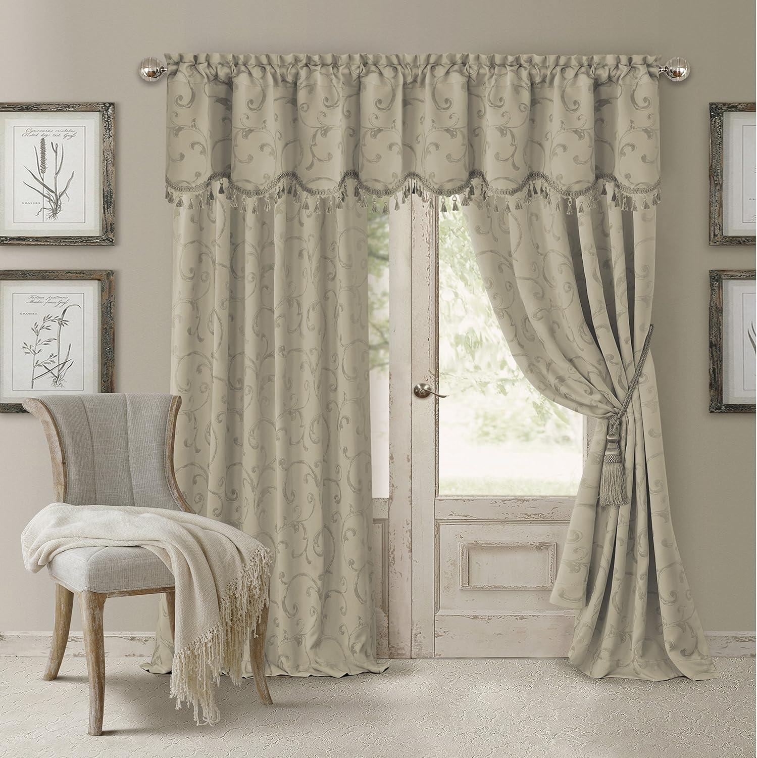 Mia Jacquard Scroll Blackout Window Curtain Panel - 52" x 95" - Natural - Elrene Home Fashions