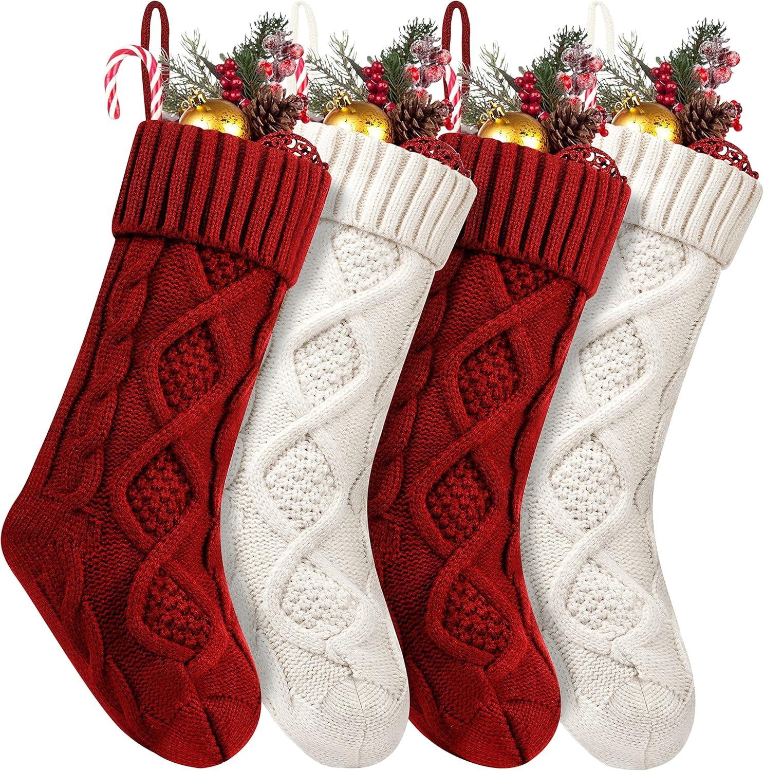 18'' Burgundy and Ivory Cable Knitted Christmas Stockings, Set of 4