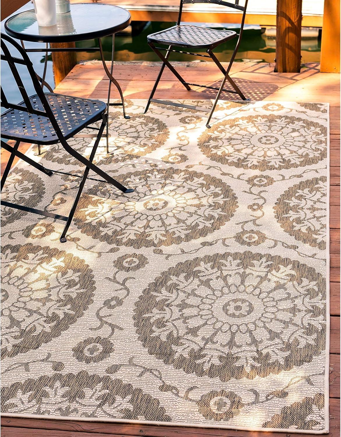 Elegant Medallion 5x8 ft Brown and Beige Outdoor Rug