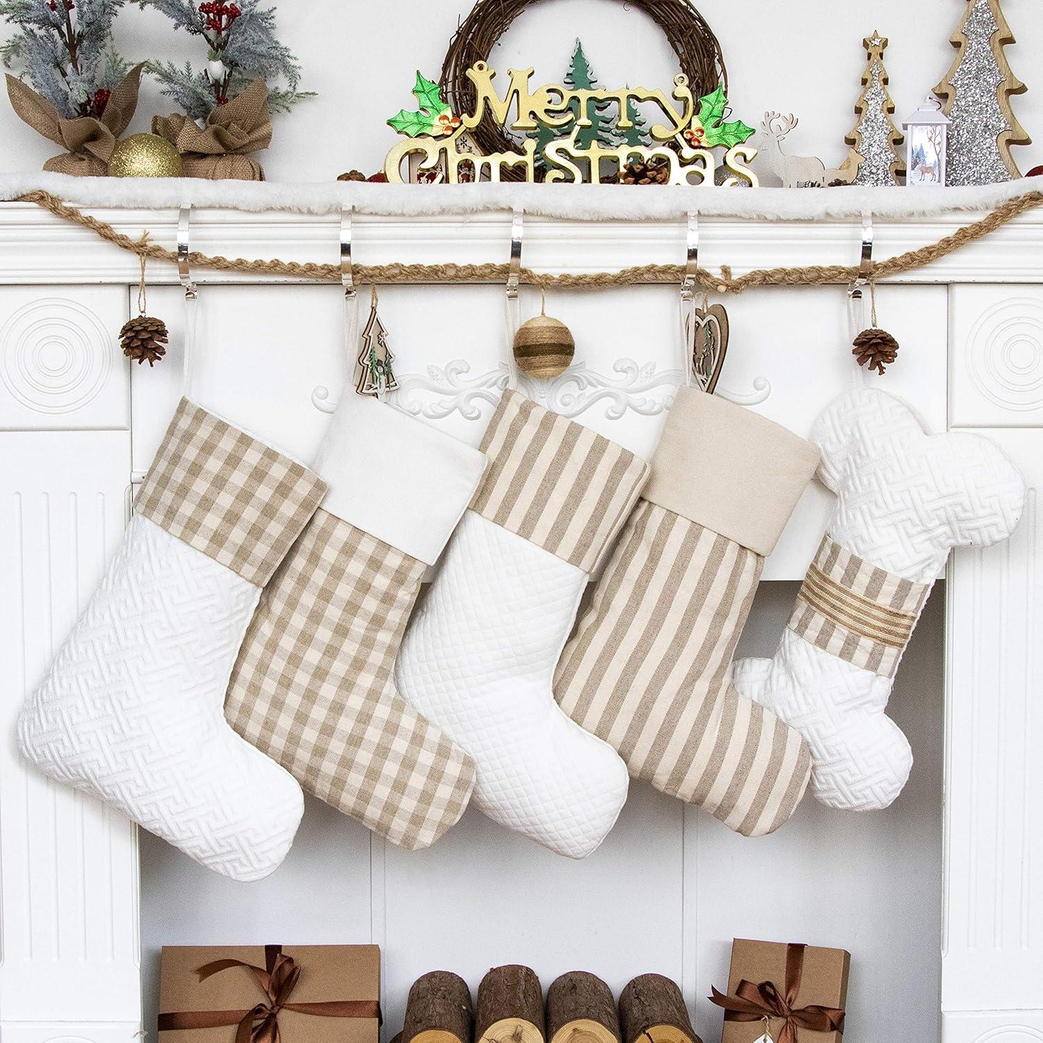 Set of 4 Beige and White Canvas Christmas Stockings