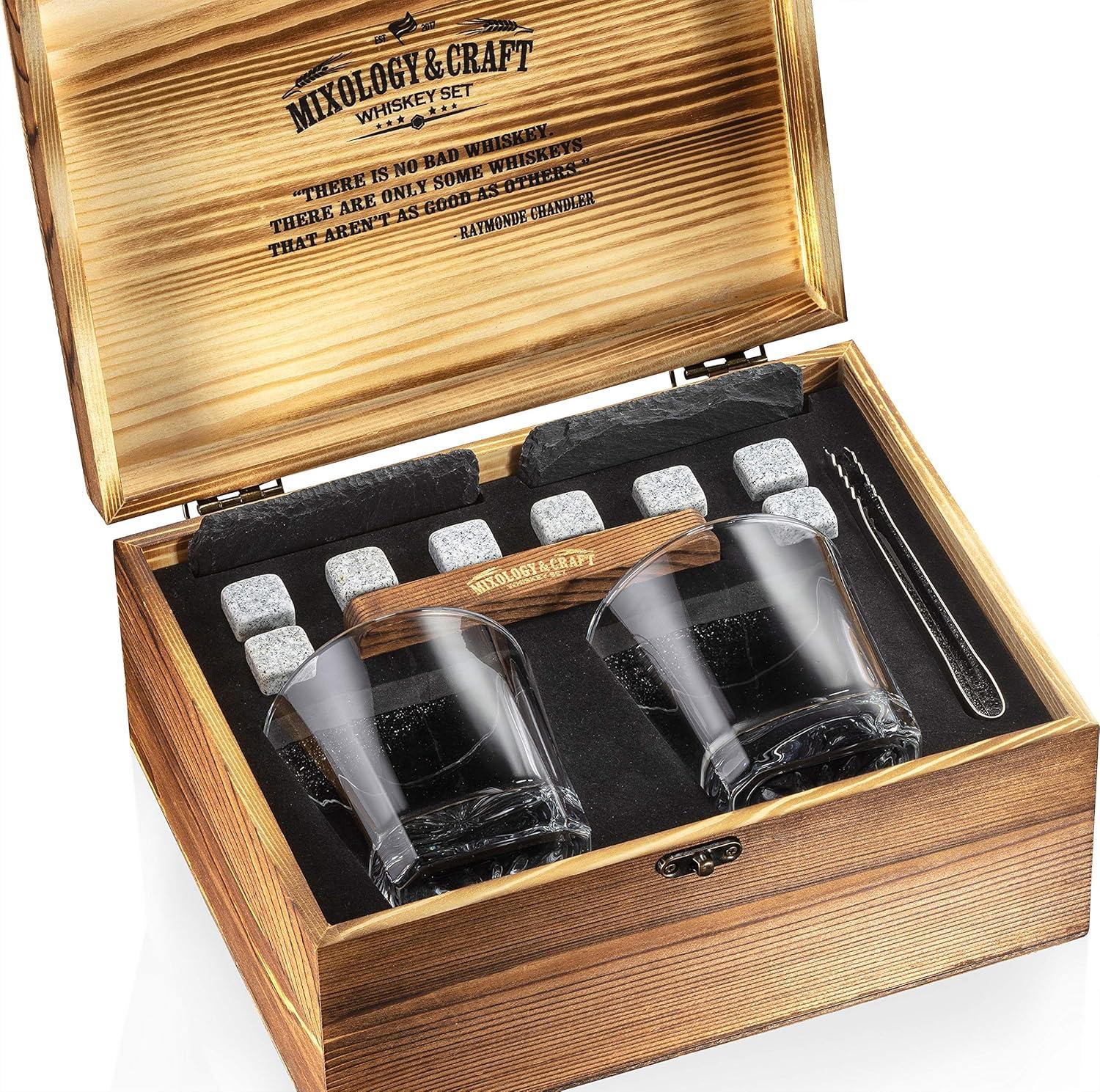 Rustic Wooden Whiskey Gift Set with Granite Stones and Crystal Glasses