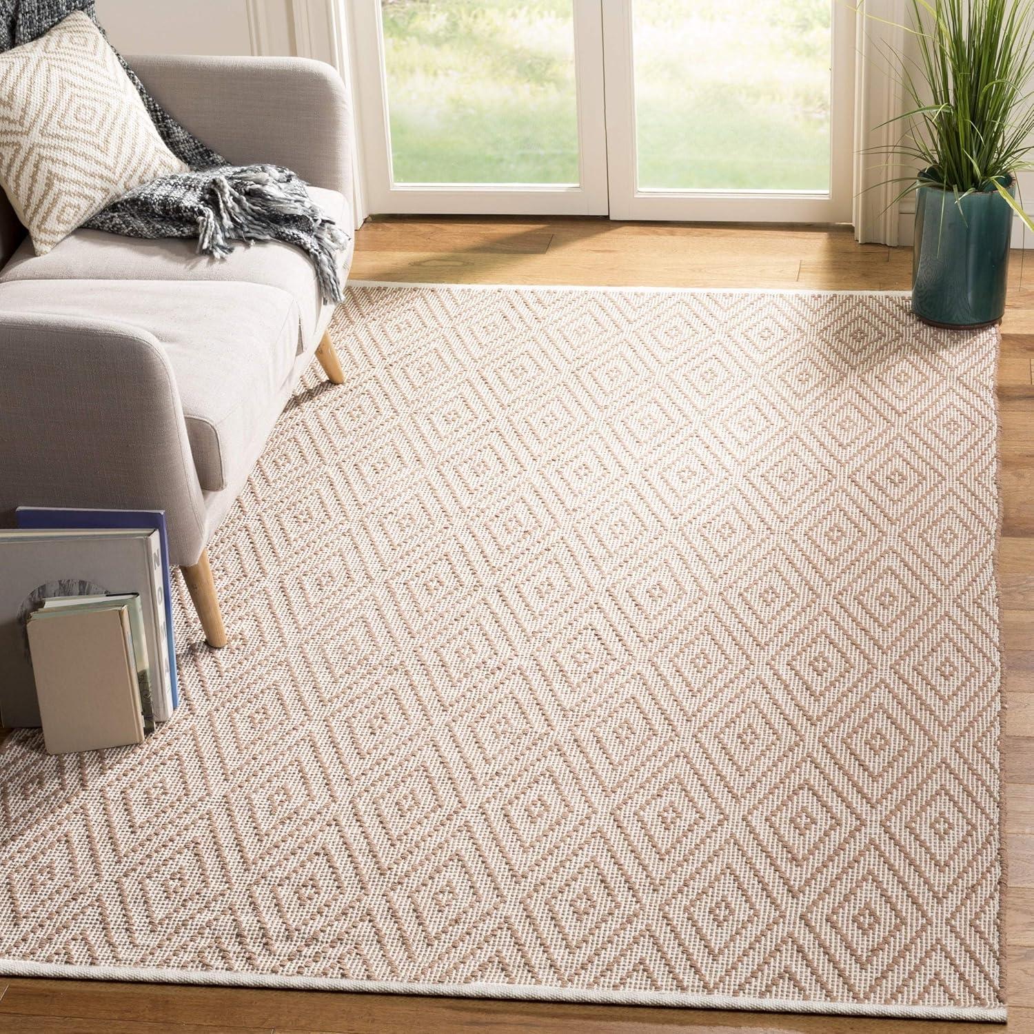 Beige Ivory Geometric Handwoven Cotton Area Rug, 5' x 7'