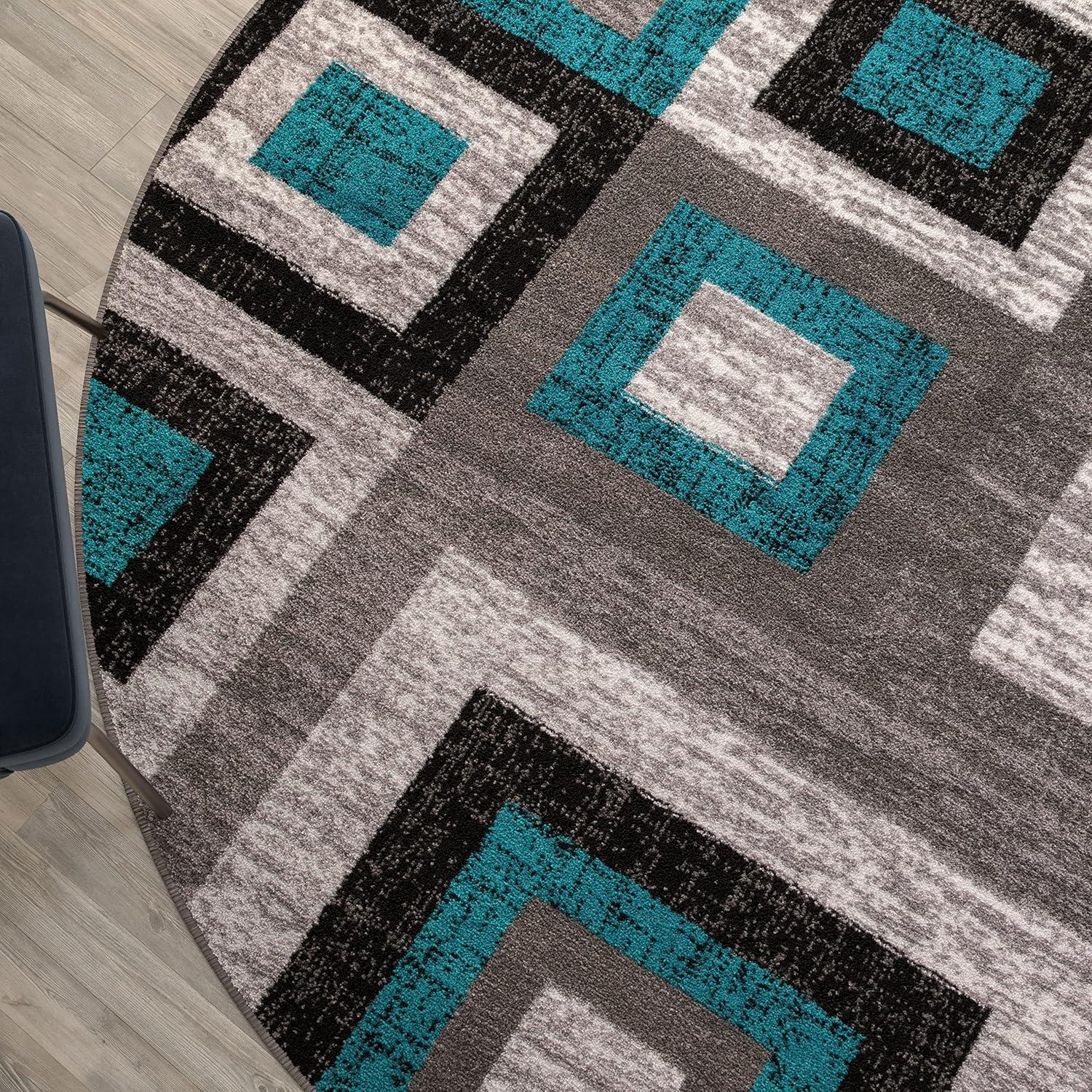 Gideon Collection Geometric 8' x 8' Turquoise, Grey, and White Round Olefin Area Rug with Cotton Backing, Living Room, Bedroom