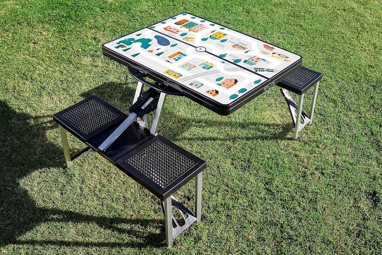 Black Folding Picnic Table with Play Town Design and Umbrella Hole