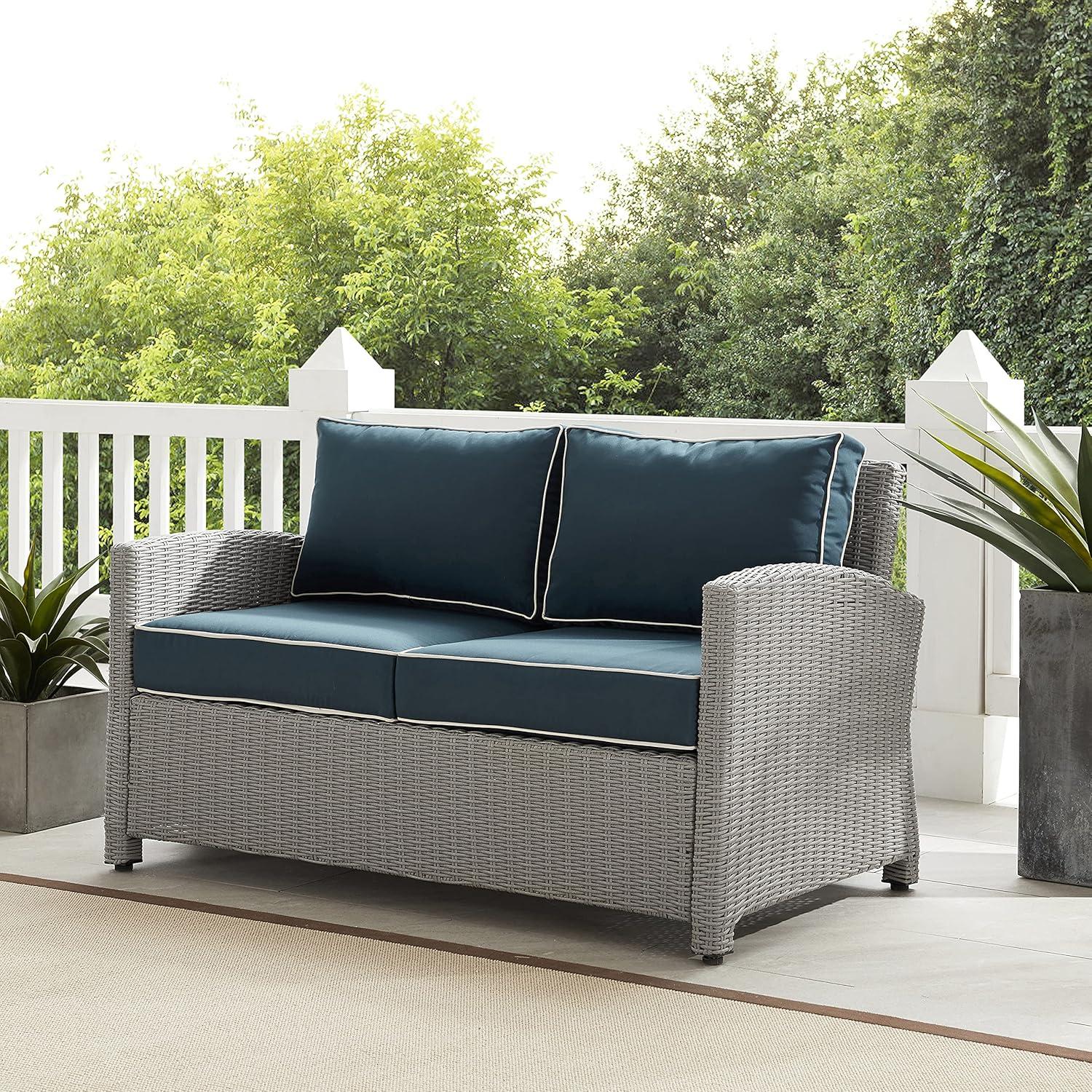 Navy and Gray Wicker Outdoor Loveseat with Steel Frame