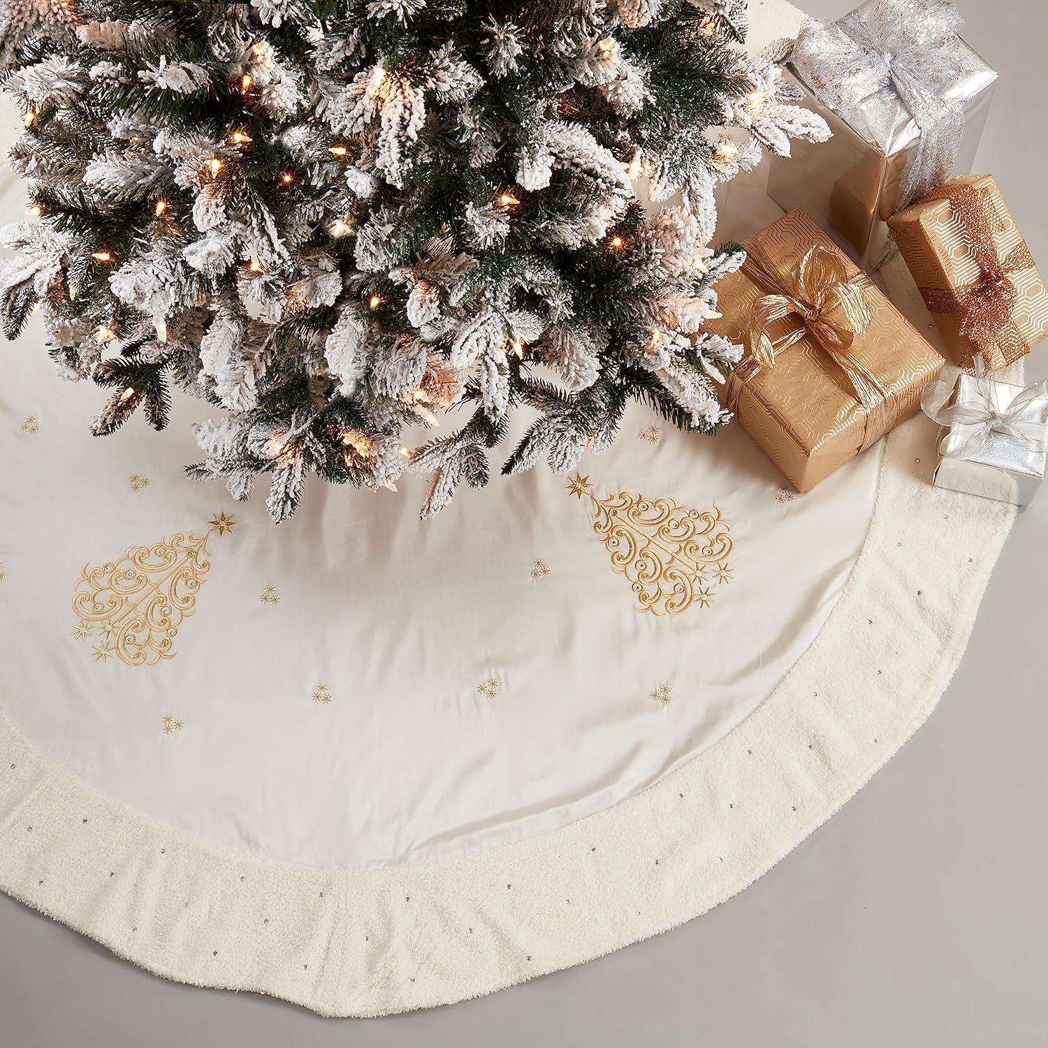 Gold Embroidered Holiday Tree Skirt with Drawstring Closure