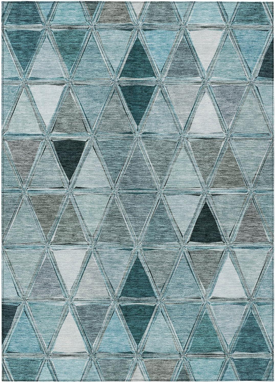 Teal Geometric Flat Woven Indoor Outdoor Washable Rug