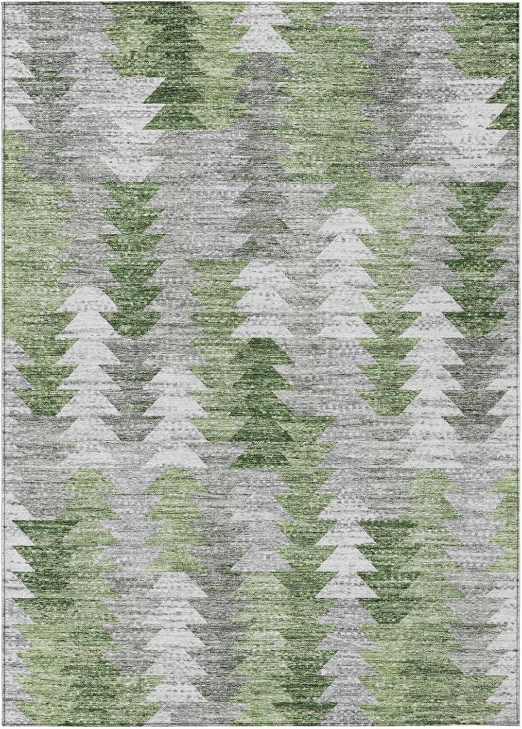 Green and Gray Rectangular Machine Washable Area Rug