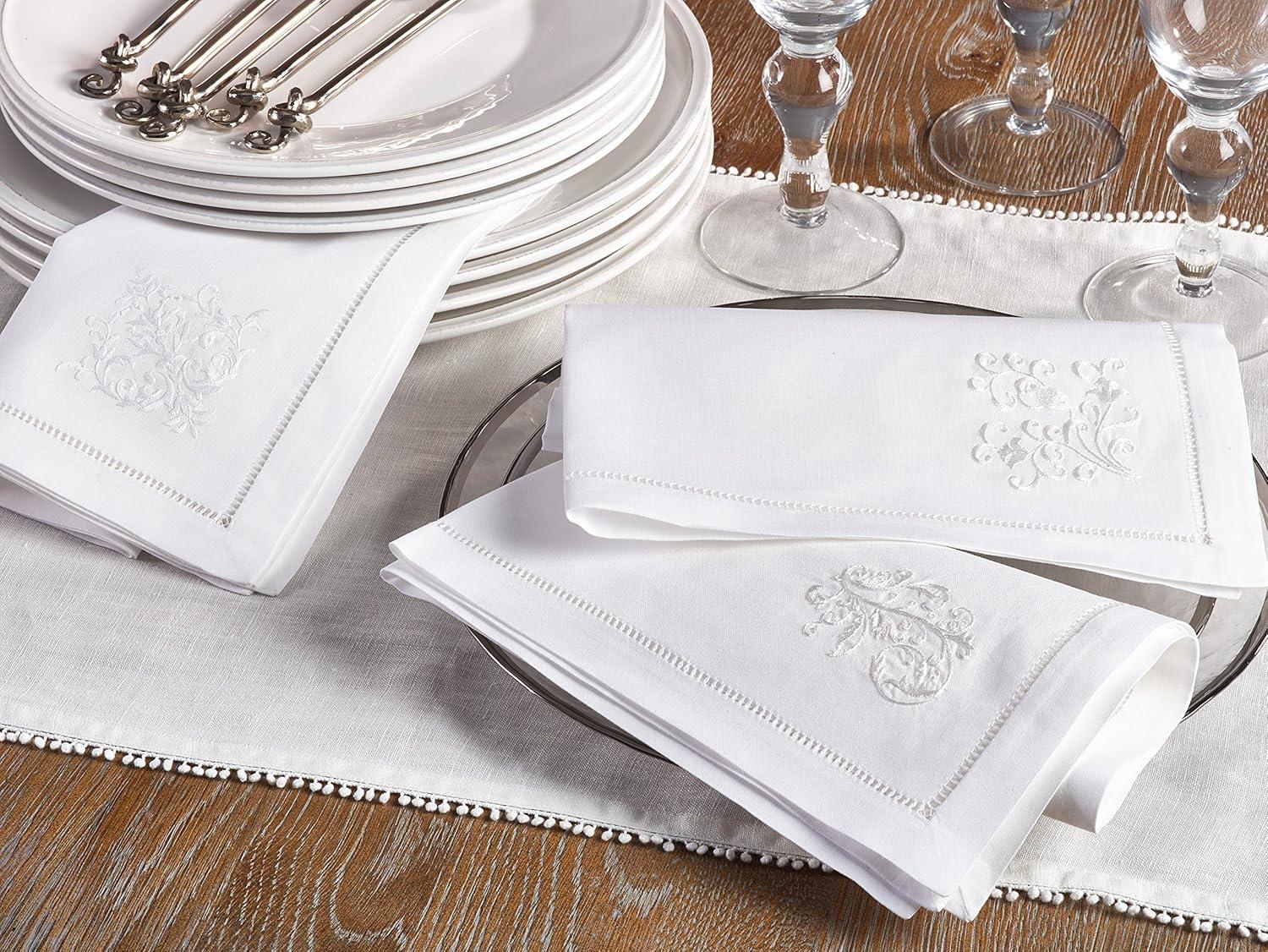 Saro Lifestyle Embr'd White Vine Hemstitch Napkin, 20" Square, White (Set of 6)