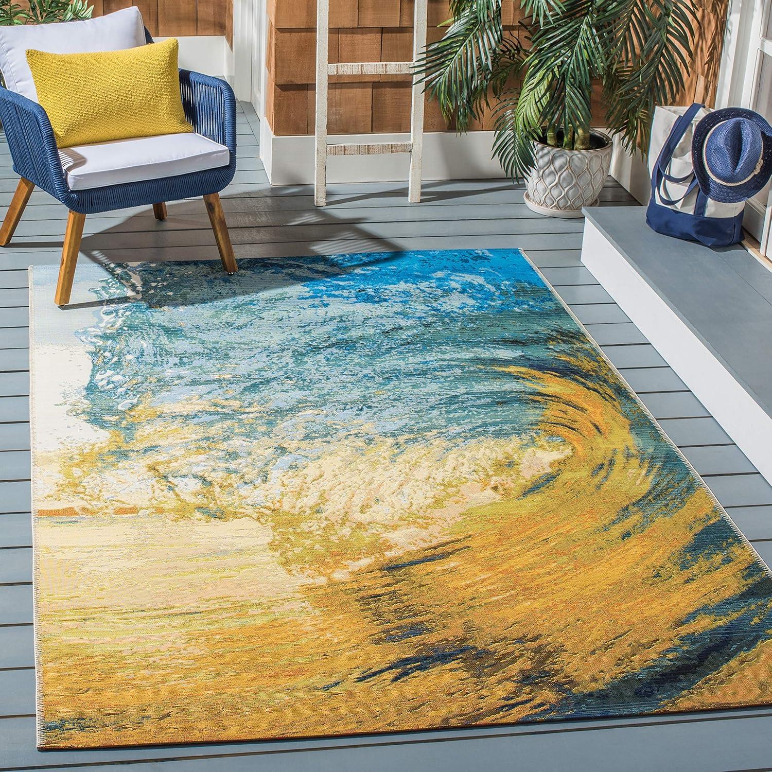 Coastal Breeze Blue and Gold Flat Woven Outdoor Rug 5'3" x 7'6"