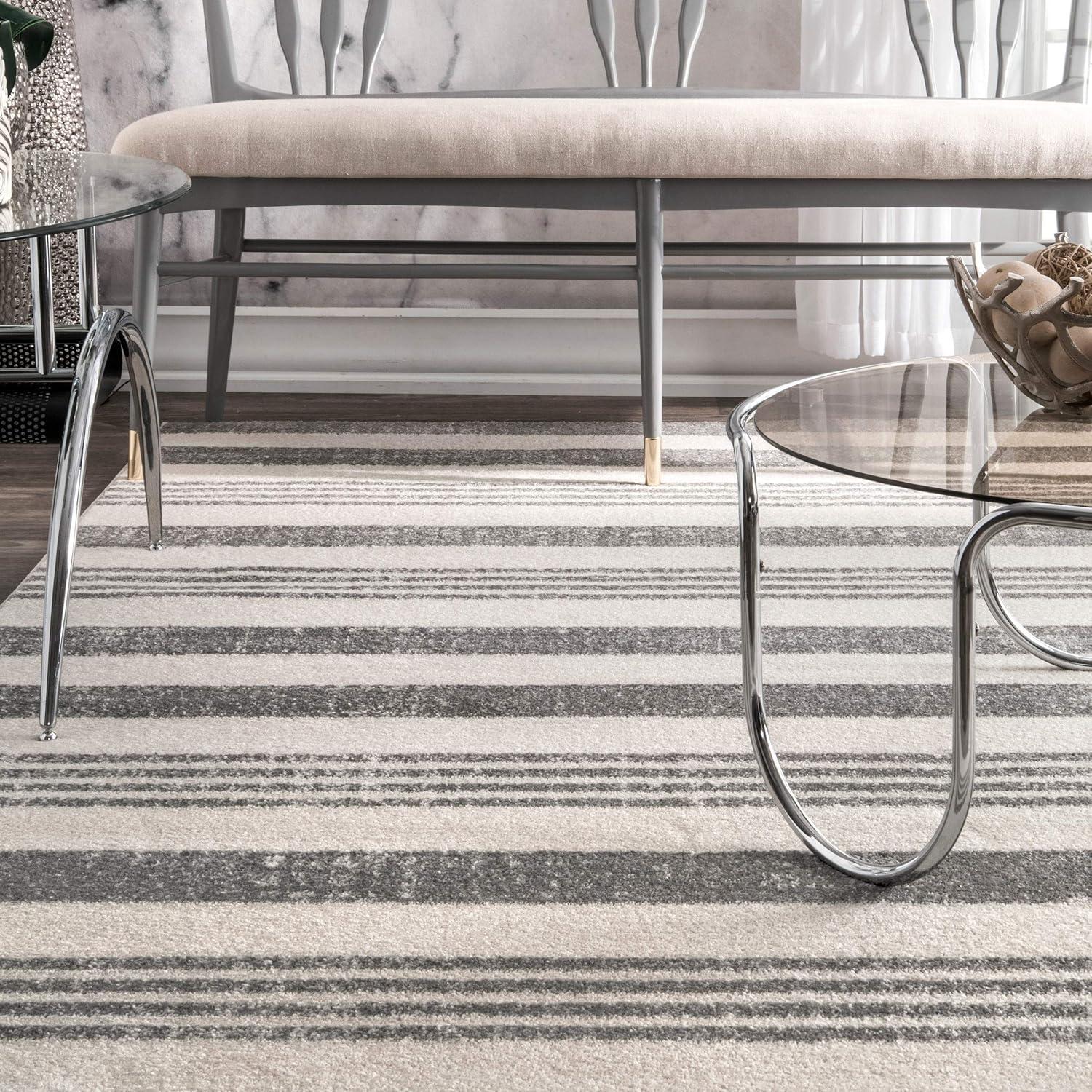 Reversible Striped Gray Synthetic Rug, Stain-Resistant, 4' x 6'