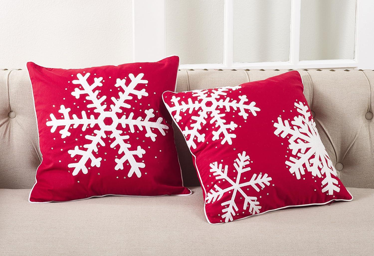 Ruby Red Embroidered Snowflake Square Throw Pillow