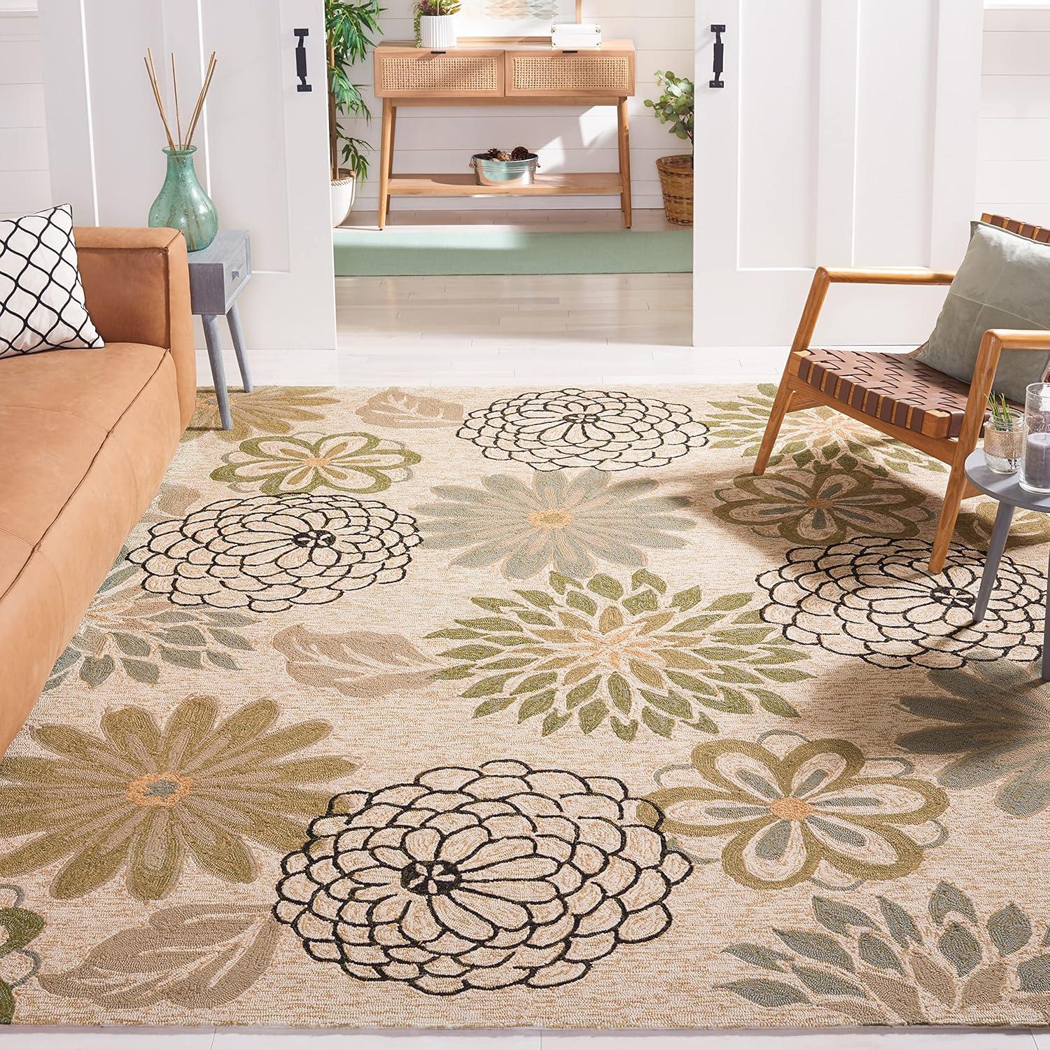 Ivory Floral Bliss 8' x 10' Hand-Hooked Synthetic Area Rug