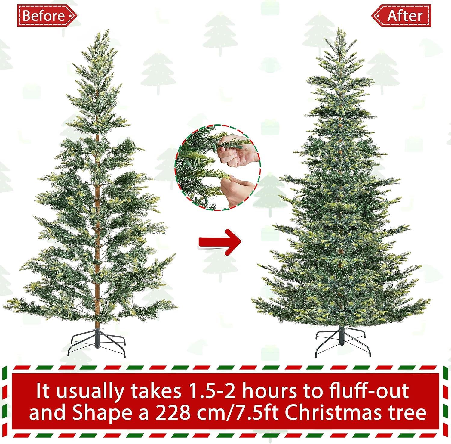 Leeheeyee 7.5Foot Pre-Lit Slim Artificial Christmas Tree，Metal Hinge Xmas Aspen Fir Tree with Warm White LED Lights and Stand, Prelit Foldable Fake Tree for Home Decoration