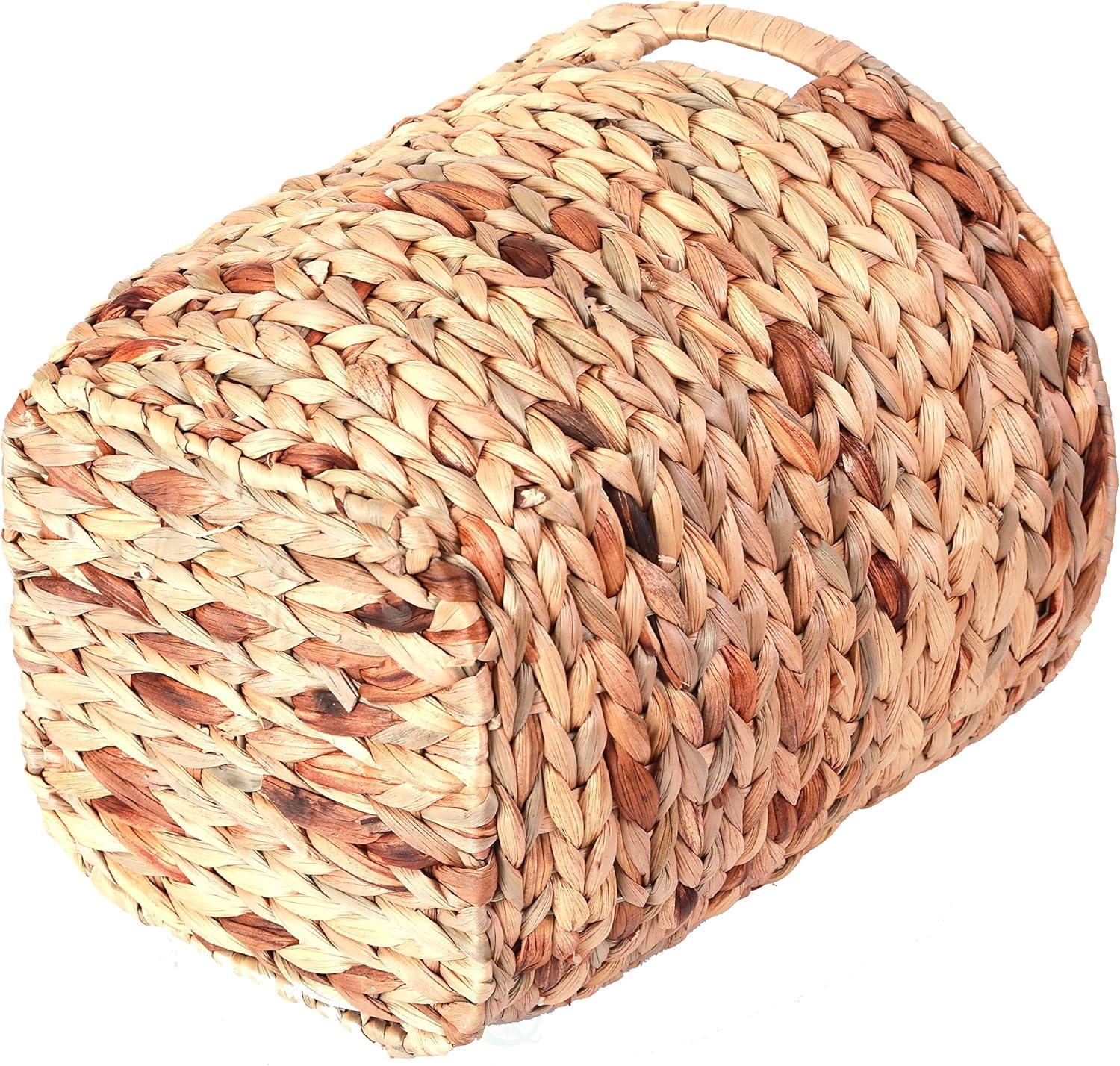 Large Round Water Hyacinth Wicker Basket with Handles - Handwoven Trash Bin for Bedroom, Bathroom, Home Office, Kitchen or Any Room in the House